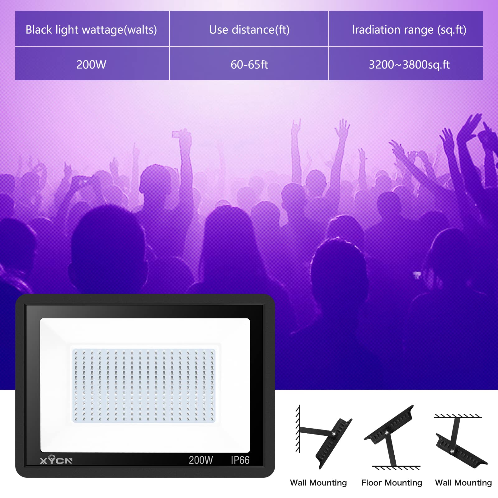 XYCN 200W LED Flood Black Lights - 3 Pack, IP66 Waterproof, Aluminum, Outdoor Neon Glow for Dance Parties & Stage Lighting