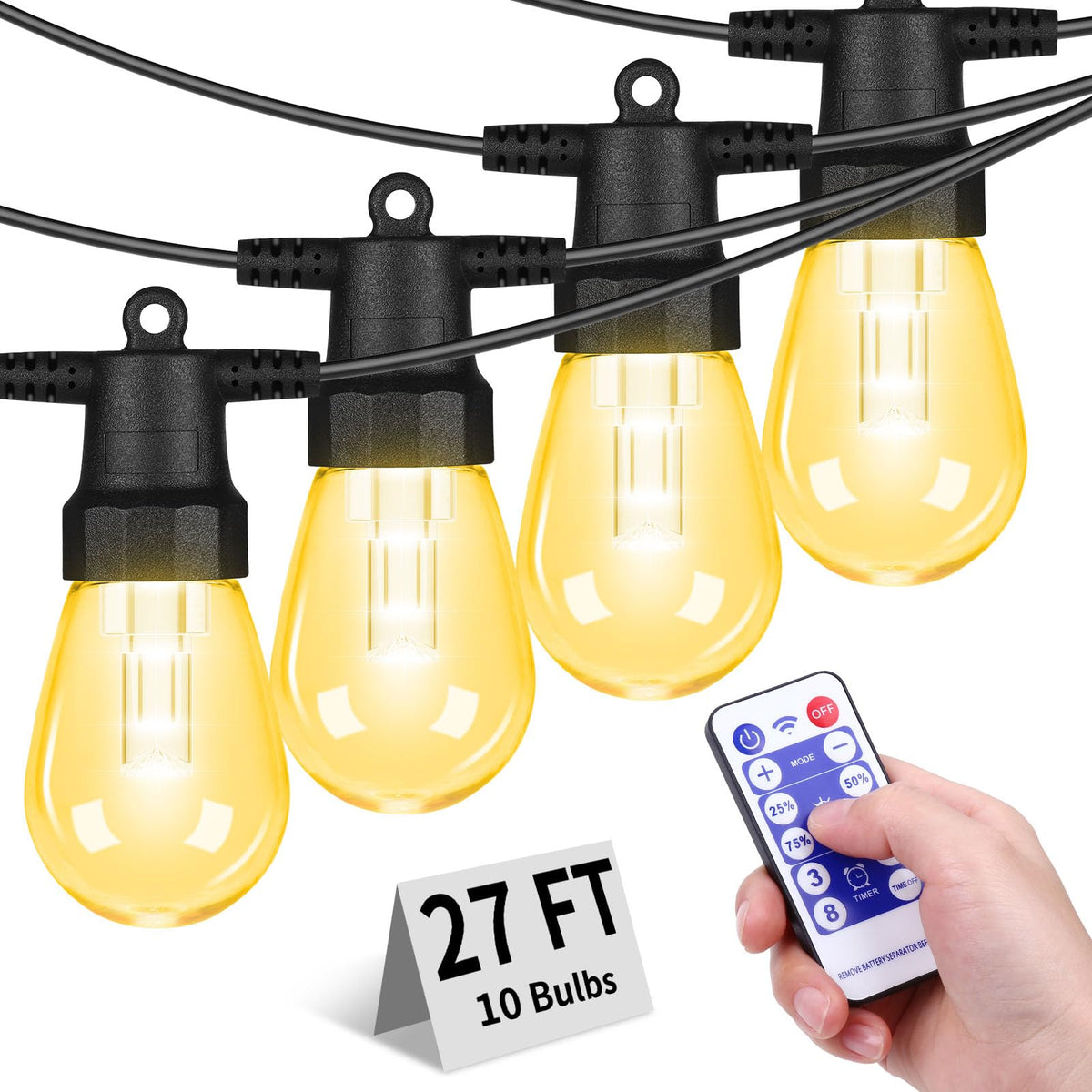 27Ft Outdoor String Lights - Dimmable Led Patio Lights With Remote, 10 S14 Bulbs, Waterproof Connectable Hanging String Lights For Outside, Timer, 4 Modes For Porch Garden Camping Party Halloween