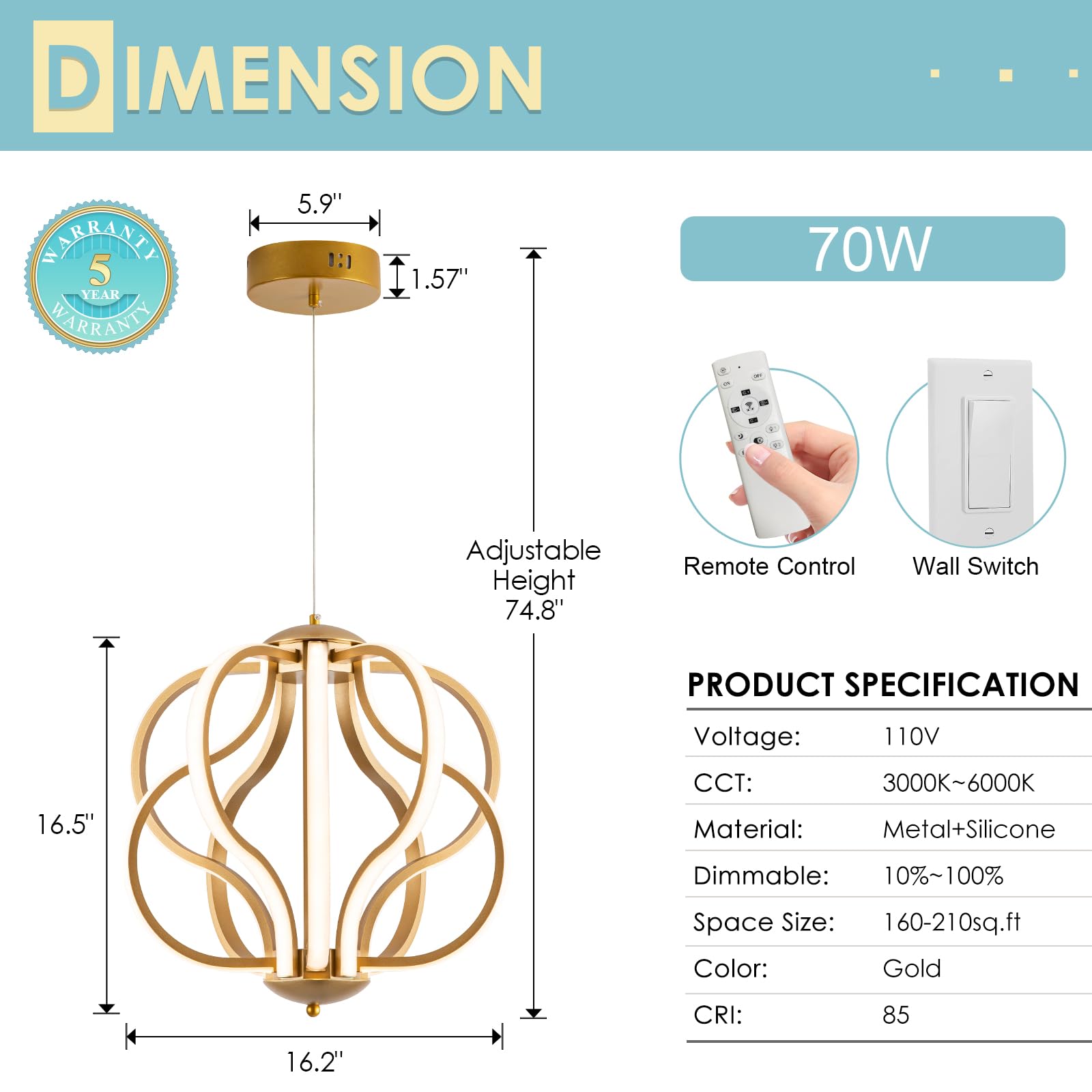 CHYING Modern LED Chandelier 10-Light Gold Dimmable Pendant Light 70W Remote Control Adjustable Height for Dining Room Foyer Kitchen