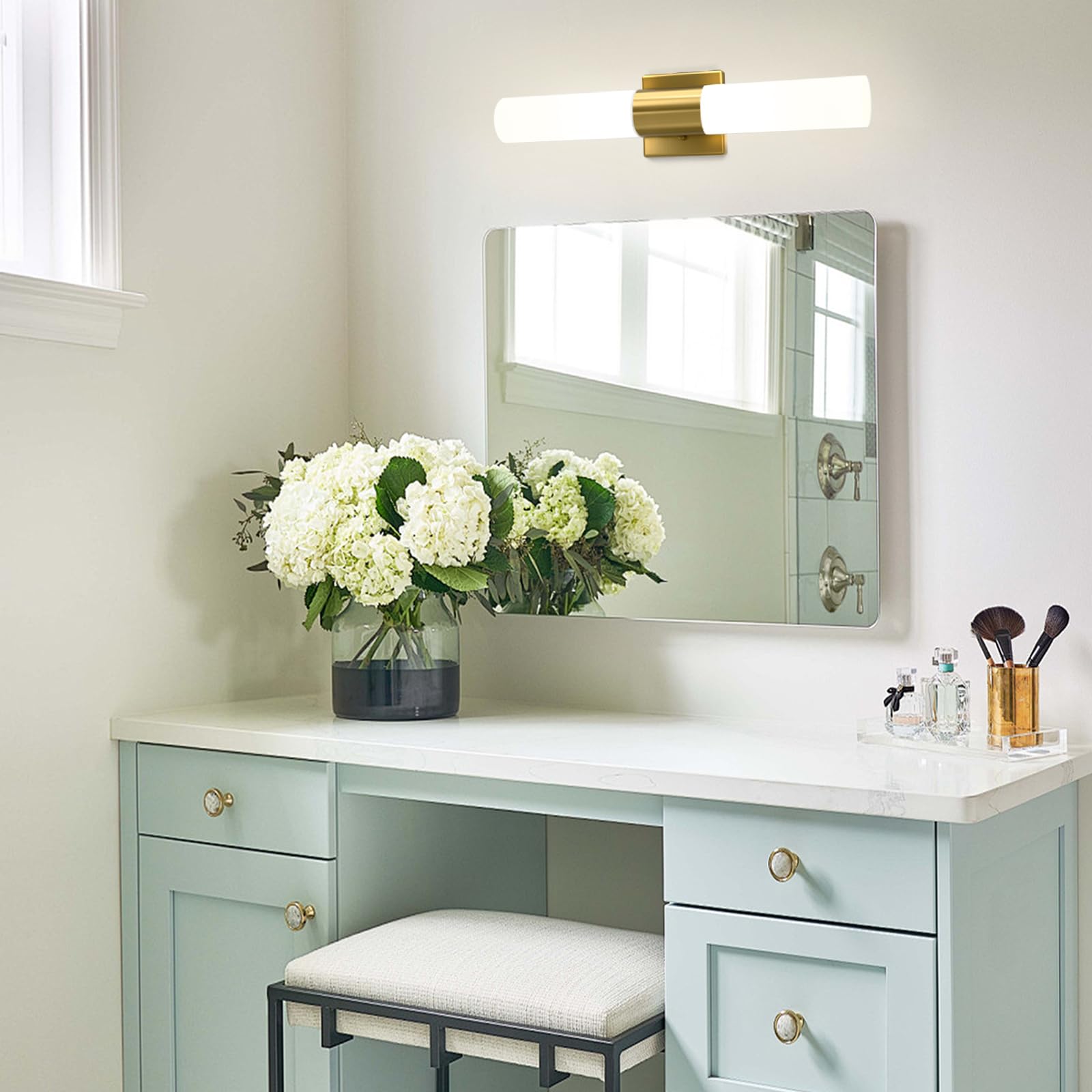 Kalium Modern Bathroom Wall Sconces Set of Two, 21" Brushed Gold Vanity Lights with Frosted Glass Shade, Model WL052A-SB