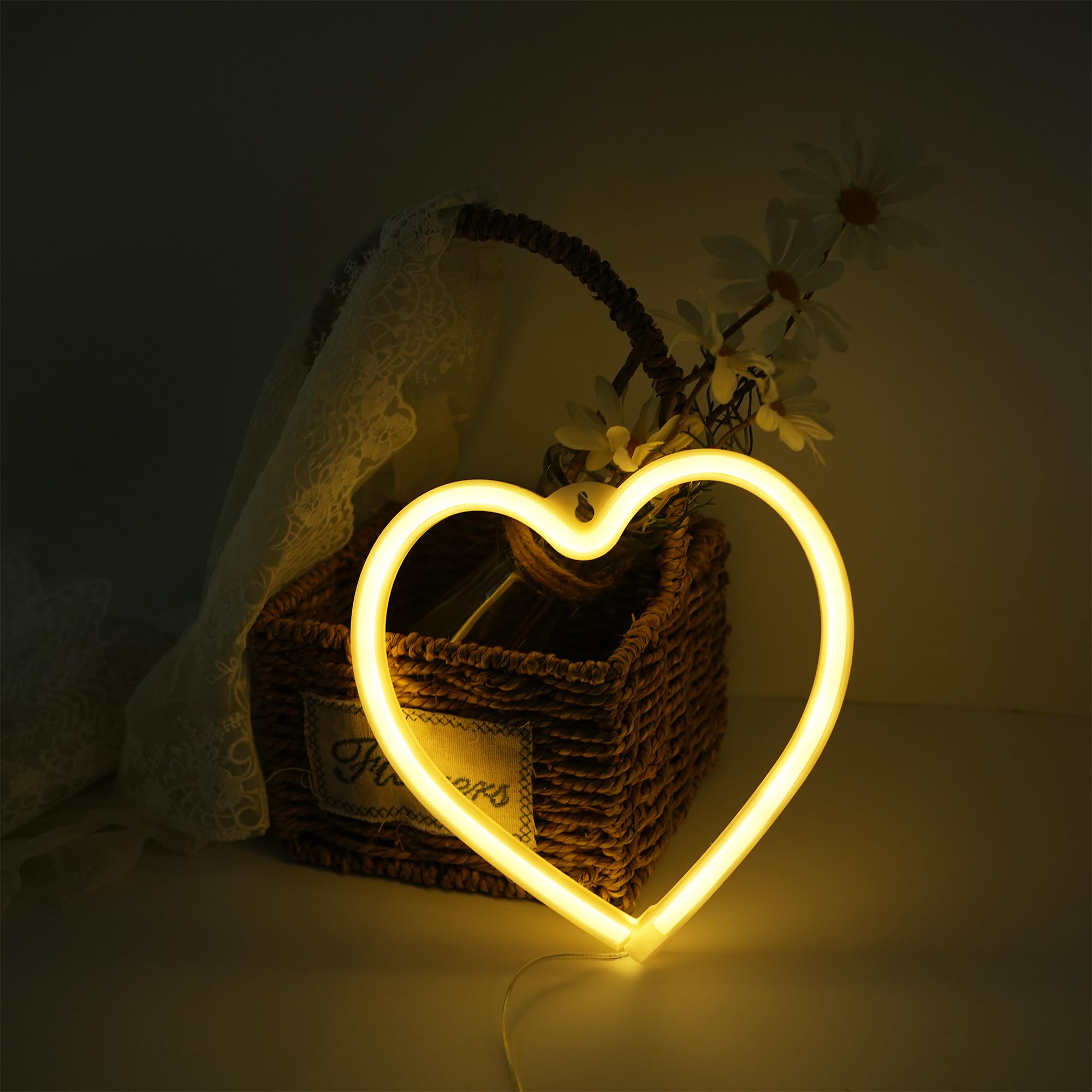 Ninite LIGHTS Heart LED Neon Light, USB/Battery Powered Heart Shaped Neon Sign Lamp, Decorative Night Light for Bedroom, Living