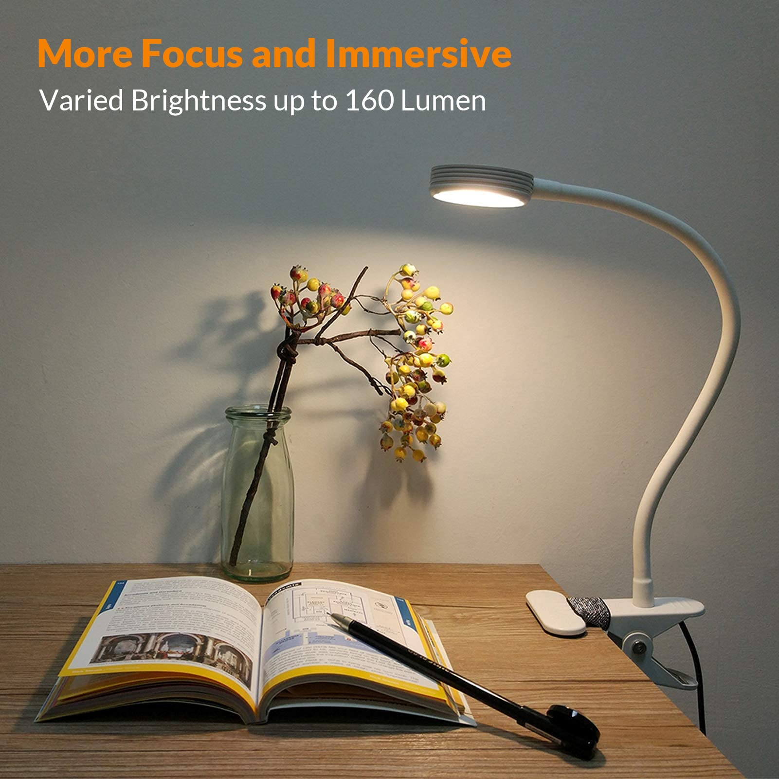 LEPOWER Clip-On Reading Light, Color Changeable Night Light for Desk & Bed, Adapter Included, White, 11*7.5*48.5cm