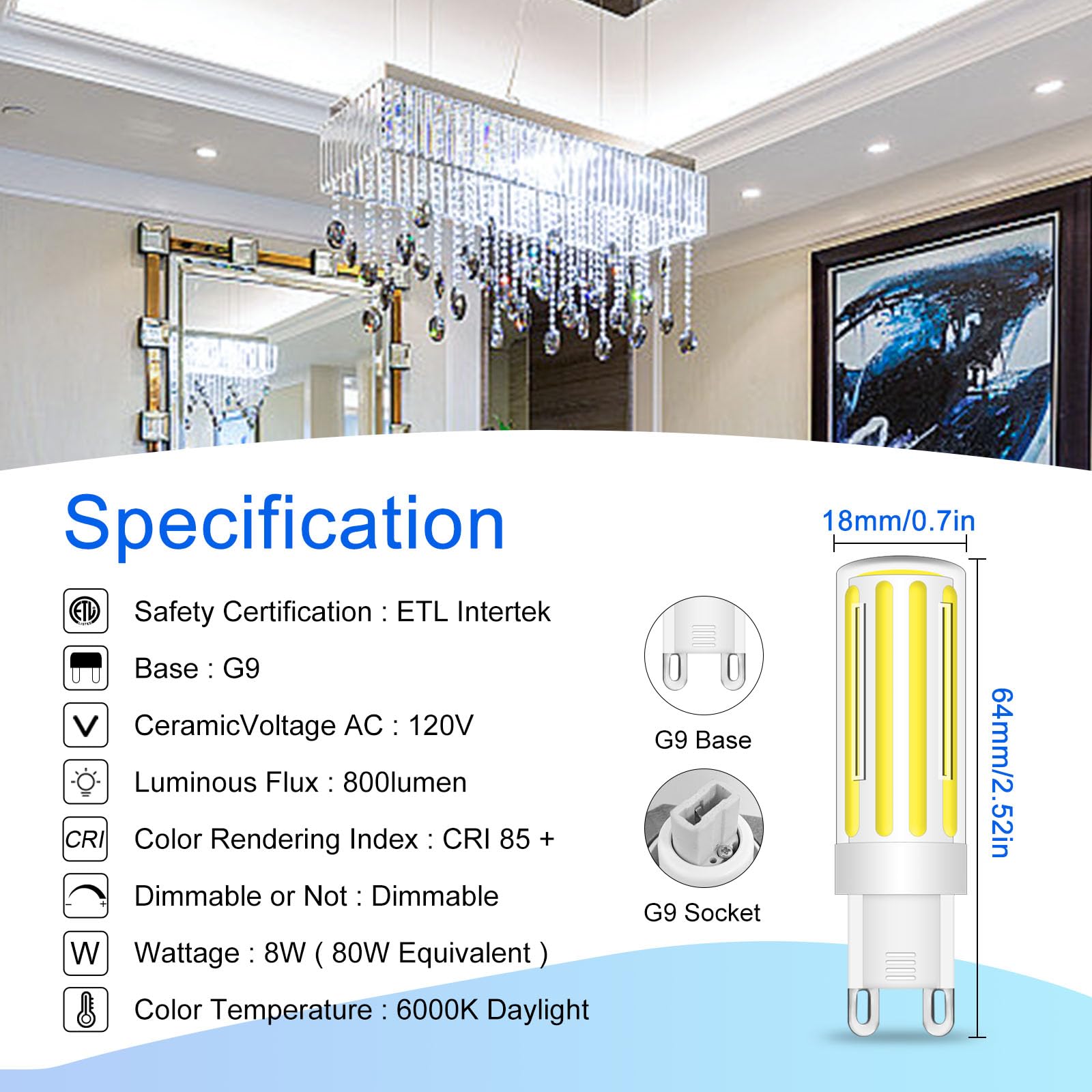 Lflampon G9 Led Light Bulbs 8W  G9 Bi Pin Base Dimmable 60-80W Halogen Equivalent  Daylight White 6000K 800Lm Light Bulb 360 Beam Angle Light For Chandelier Ceiling Pendant Lighting  5 Pack