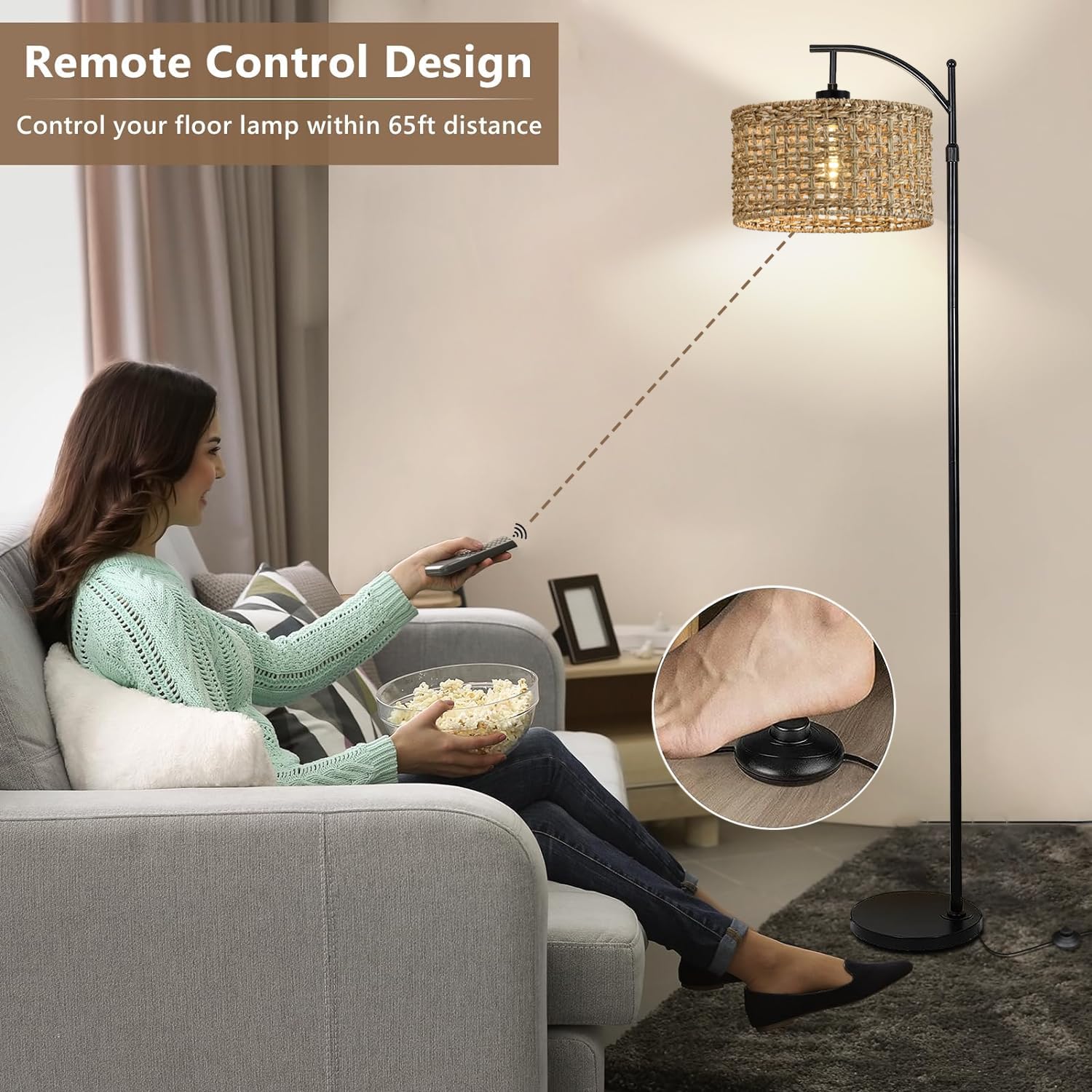 Arc Floor Lamp For Living Room With Remote Control,Farmhouse Boho Floor Lamps With 3 Color Temperature,Rustic Standing Lamp With Rattan Wicker Shades,Adjustable Tall Lamp For Bedroom,Office,Reading