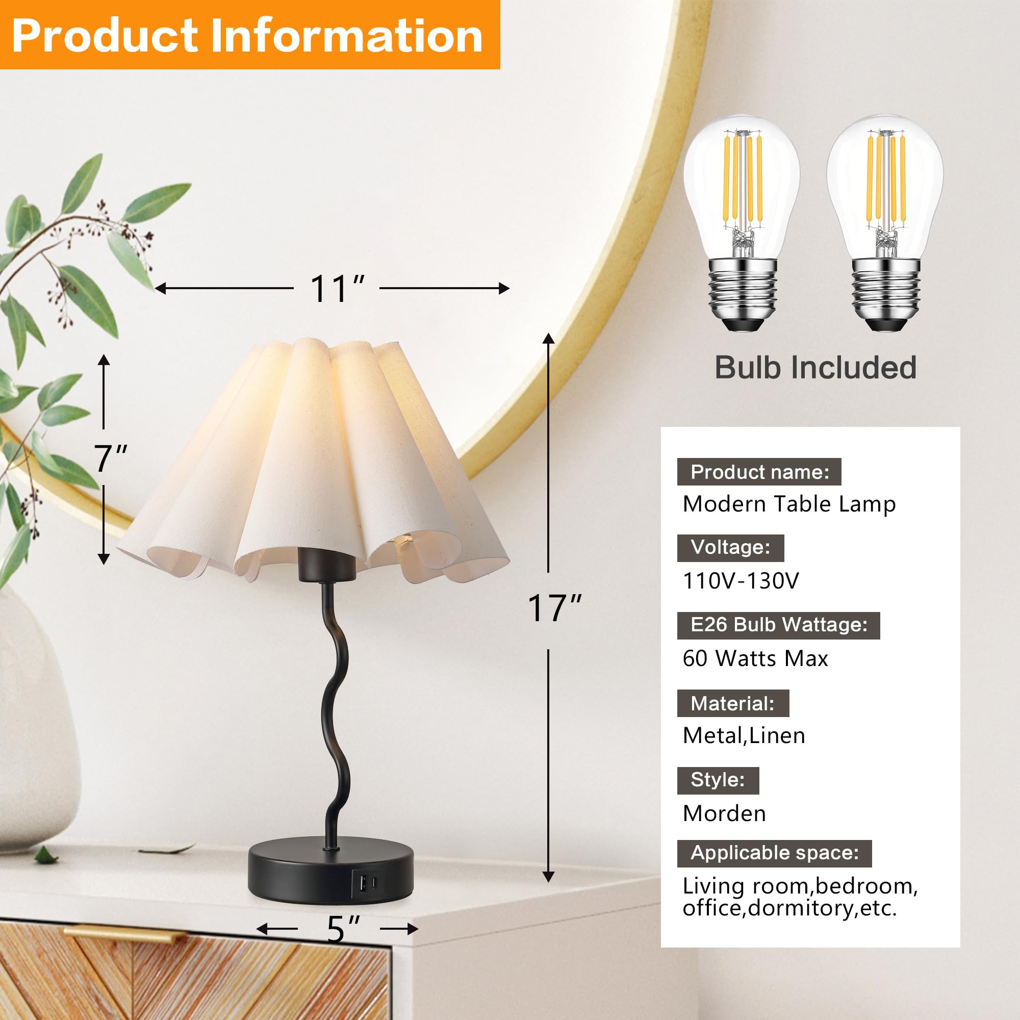 EOEYYOYB Pleated Table Lamp, Linen Lampshade, Modern Design, Black, Model 2097, Ideal for Bedroom and Home Office Decor
