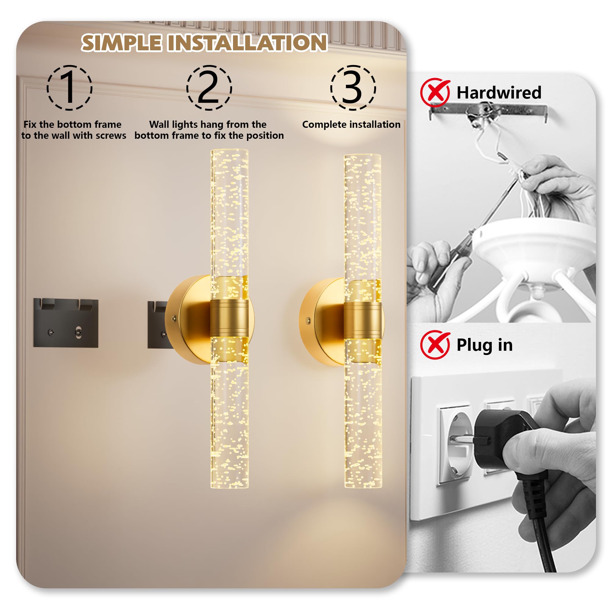 Gift4U Gold Battery Operated Wall Sconces, Set of 2, 15 Color Dimmable, Rechargeable with Remote Control, Crystal Design for Home Decor