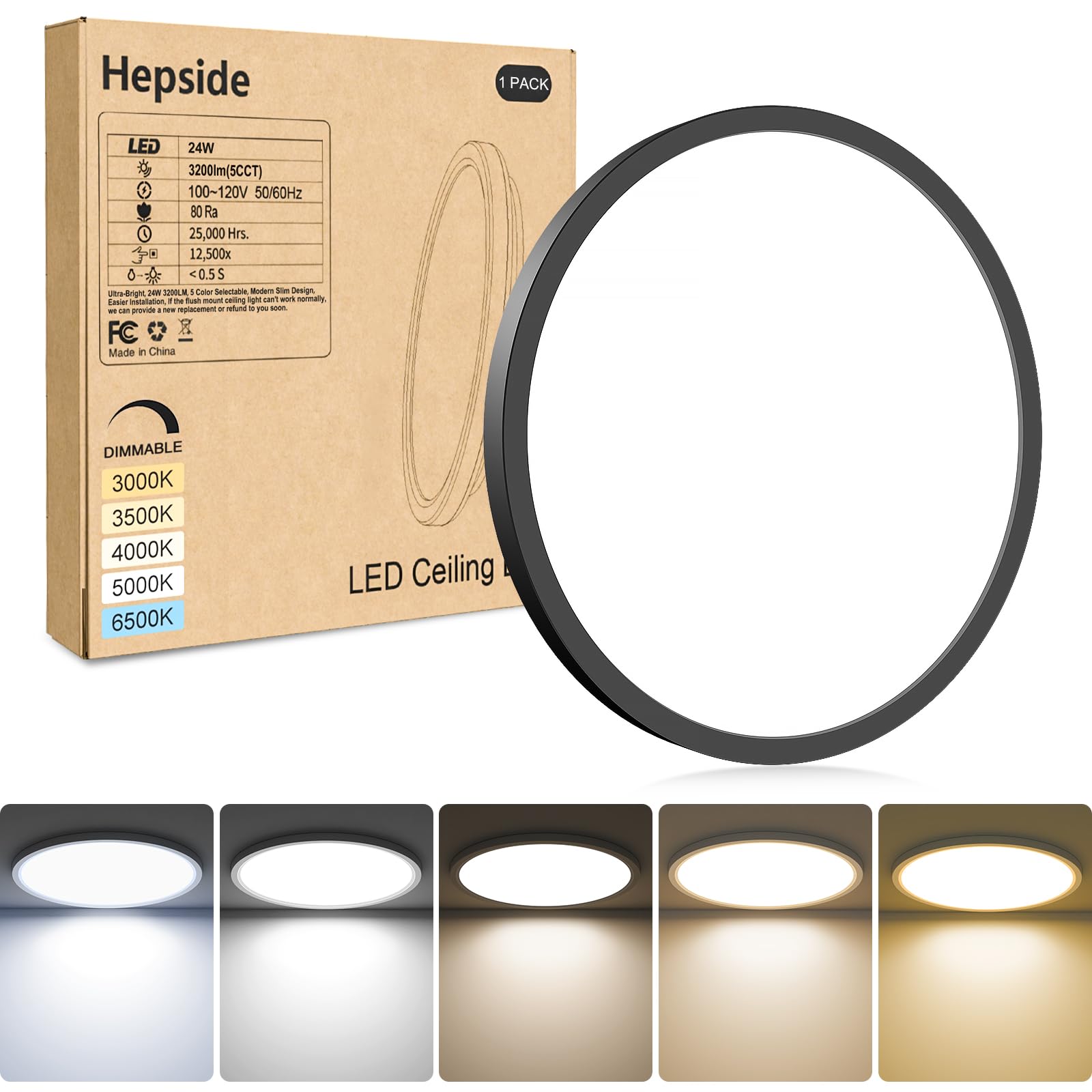 hepside LED Flush Mount Ceiling Light, 12Inch, 24W, Dimmable 3000K-6500K, Modern Black Fixture, Model CL62DA