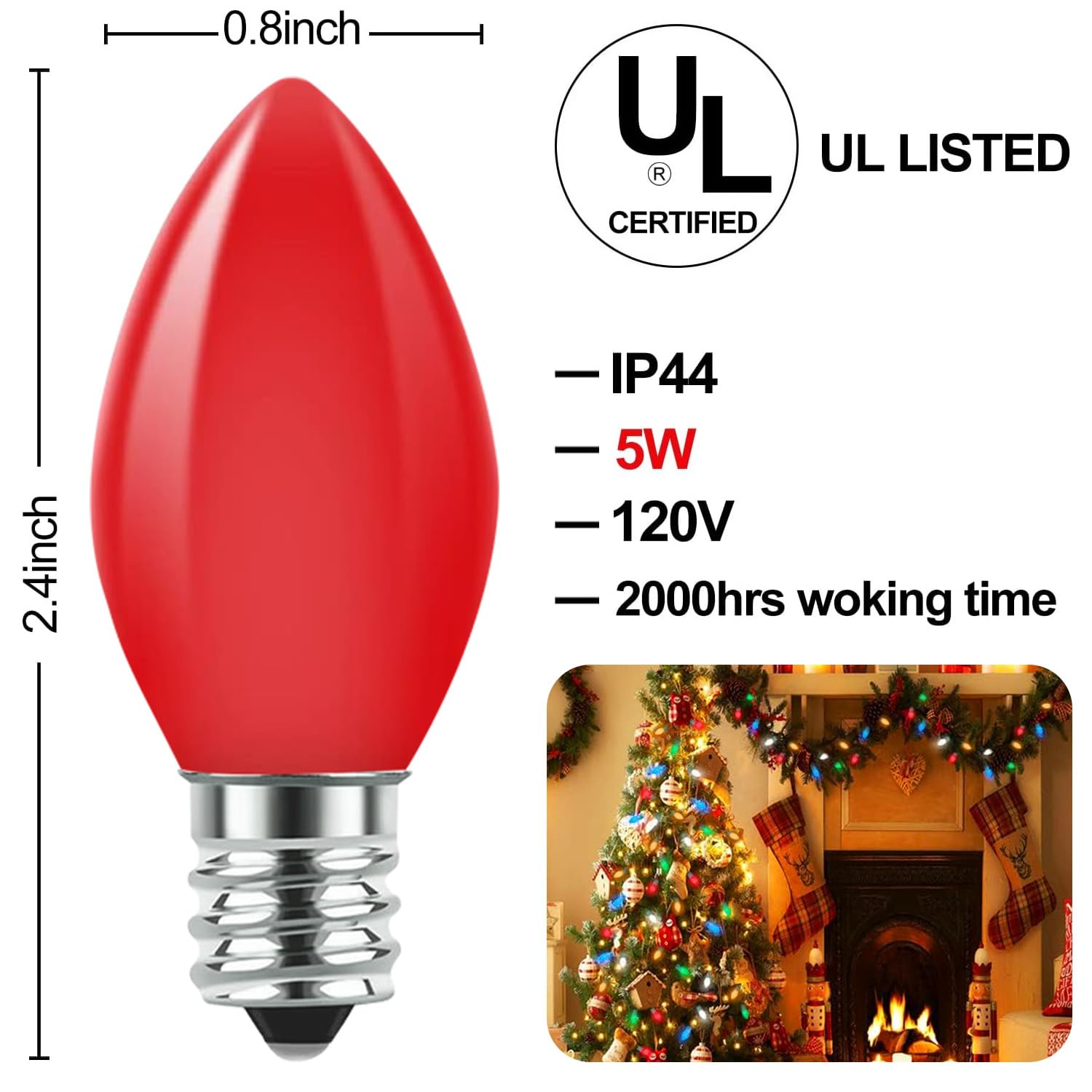 Pasuto C7 Christmas Replacement Bulbs, 25 Pack Multicolor Ceramic Light Bulbs For Christmas Outdoor Indoor String Lights, E12/C7