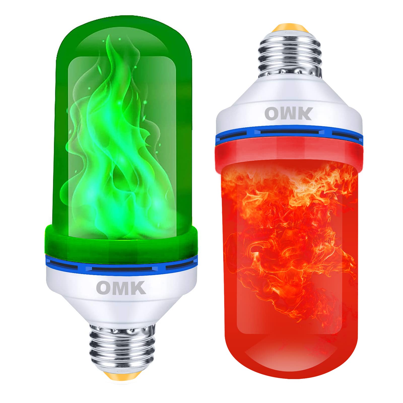 OMK LED Flame Effect Light Bulbs - 4 Modes, ABS Material, 2 Count, Red and Green, Model FL96 - Halloween/Christmas Decorations