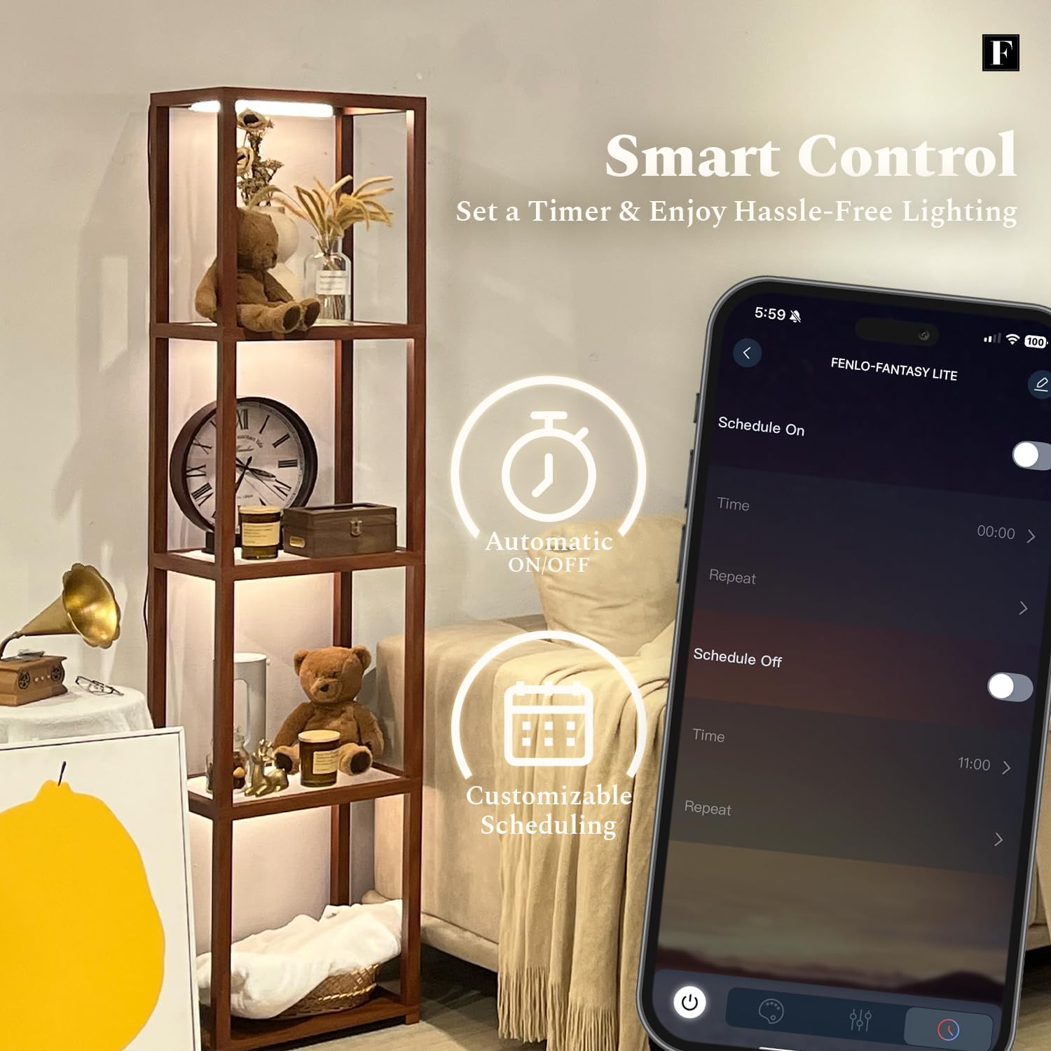 FENLO LED Display Shelf Unit, Dimmable Glass Curio Cabinet, Walnut, Model FEN-109-CCT-WA, Remote Control, Adjustable Lighting