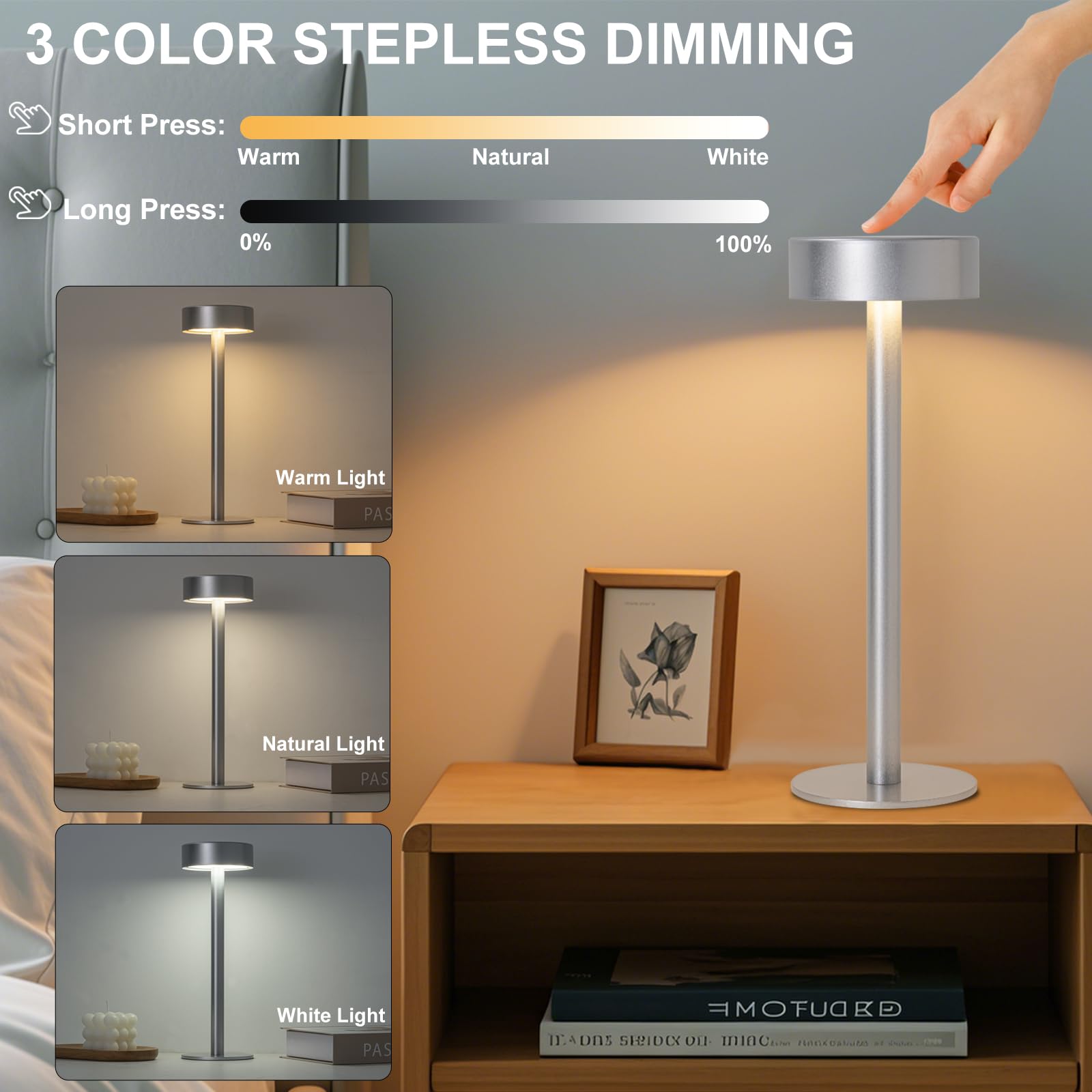 Briever 2 Pack Cordless Table Lamps, Rechargeable Battery Operated Lamp With 3 Colors Stepless Dimming, Portables Led Desk Lamp