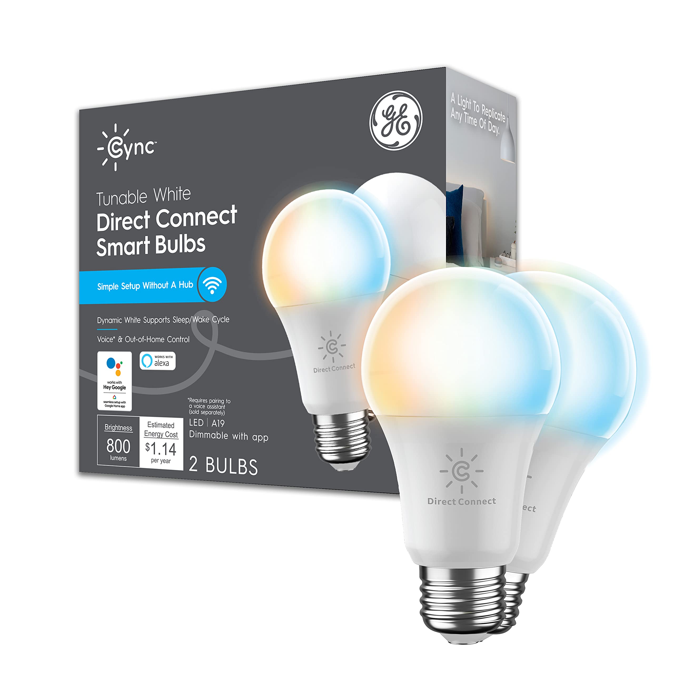 Ge Lighting Cync Smart Tunable White A19 Led Light Bulb, 60W Replacement, Bluetooth/Wi-Fi Enabled, Alexa + Google Home Compatibl