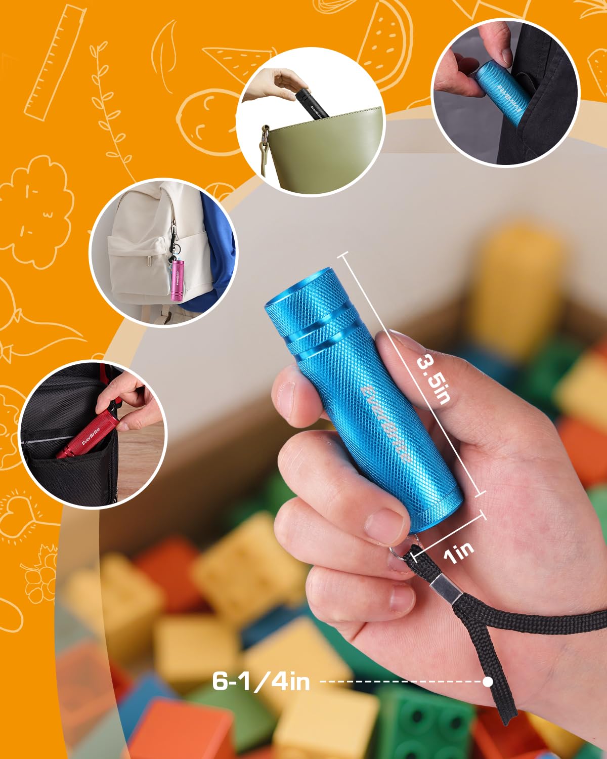 EverBrite Mini Flashlight Set - 6-Pack Aluminum LED Torches, Multicolor with Lanyards, Batteries Included for Camping & Gifts
