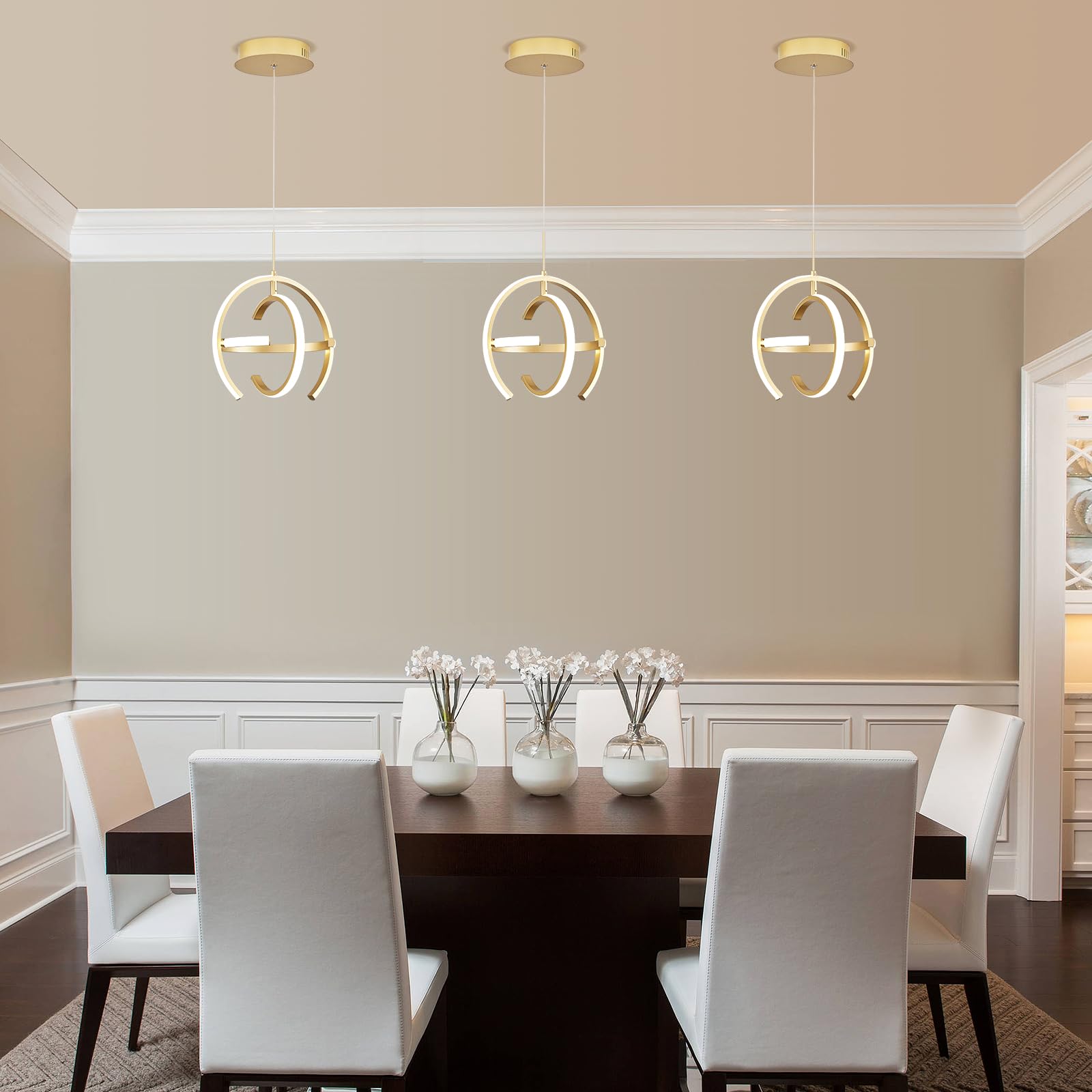 Violoemi Modern Gold Led Chandelier, Globe 4000K Pendant Light Fixture, Round Adjustable Height Dining Room Hanging Light For Ki