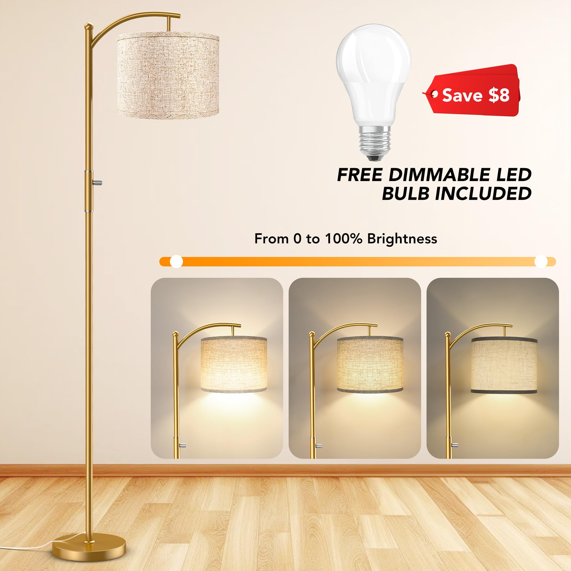 ROTTOGOON Dimmable Arc Floor Lamp, Iron, Gold, Stepless Dimming, Modern Design for Living Room, Model ROFP089AJ1
