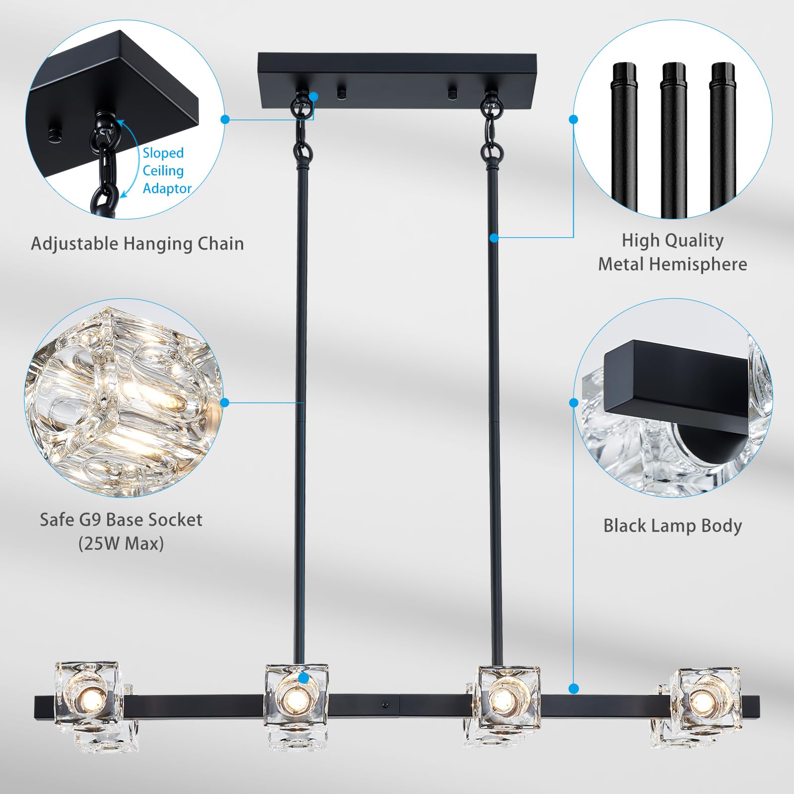 Xingqi Modern Glass Chandeliers For Dining Room Rectangular Black 8-Light Linear Pendant For Lighting Kitchen Island Living Room