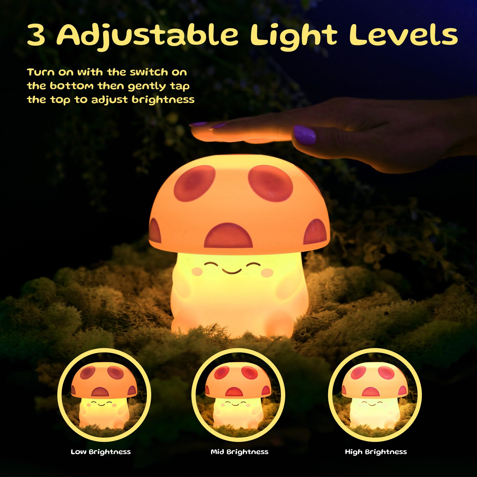 Mushi Ambient Mushroom Night Light, Cute Silicone Squishy Light Up Mushroom Lamp, Tap-Sensitive 3 Level Dimmable Nightlight, Eas