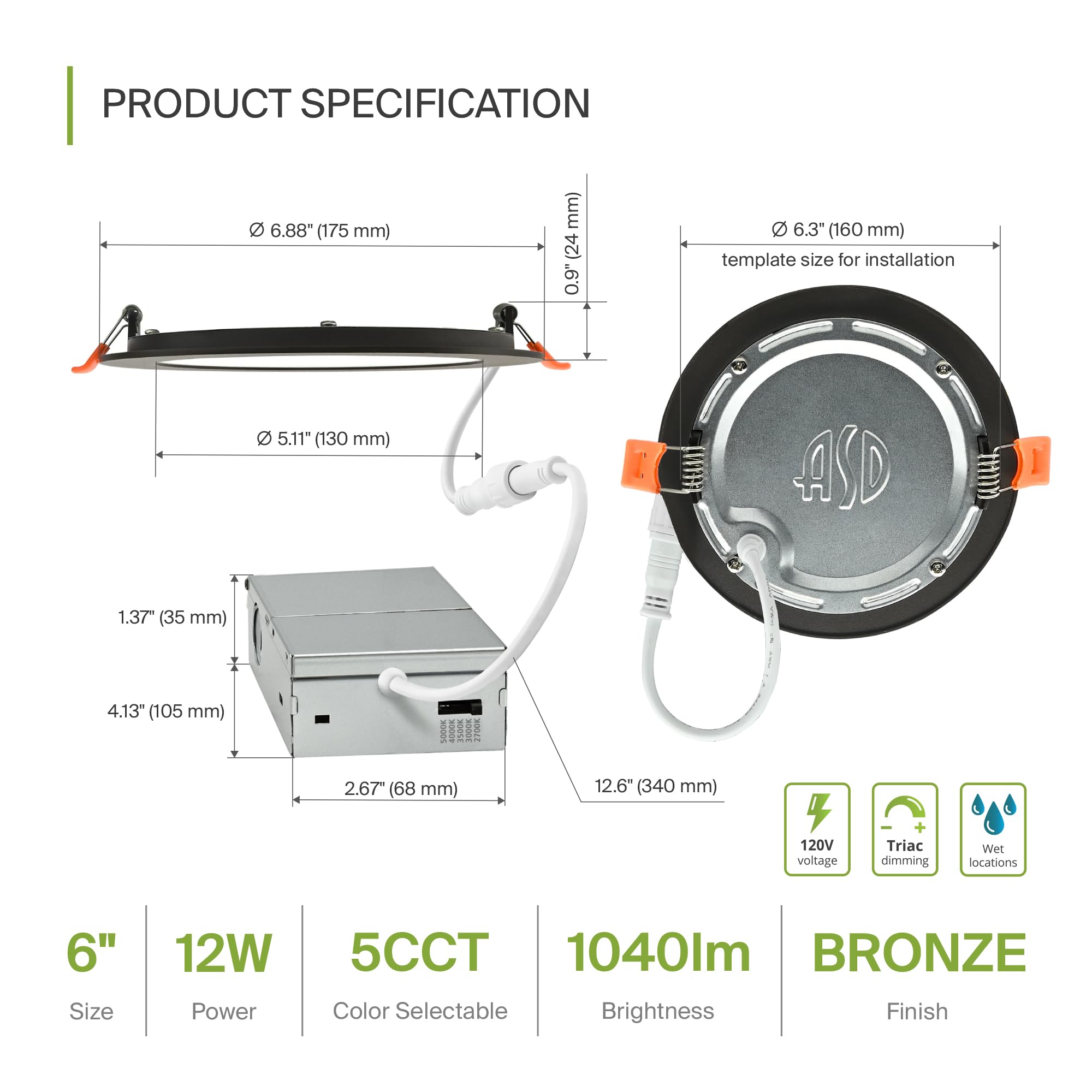 Asd 6 Pack Led Recessed Lighting 6 Inch 12W  5 Cct 2700K-5000K Cri90+  Ic Rated Ultra Thin Dimmable Ceiling Lights With J Box  Canless Wafer Downlight  Round Slim Panel Light  Energy Star Etl  Bronze