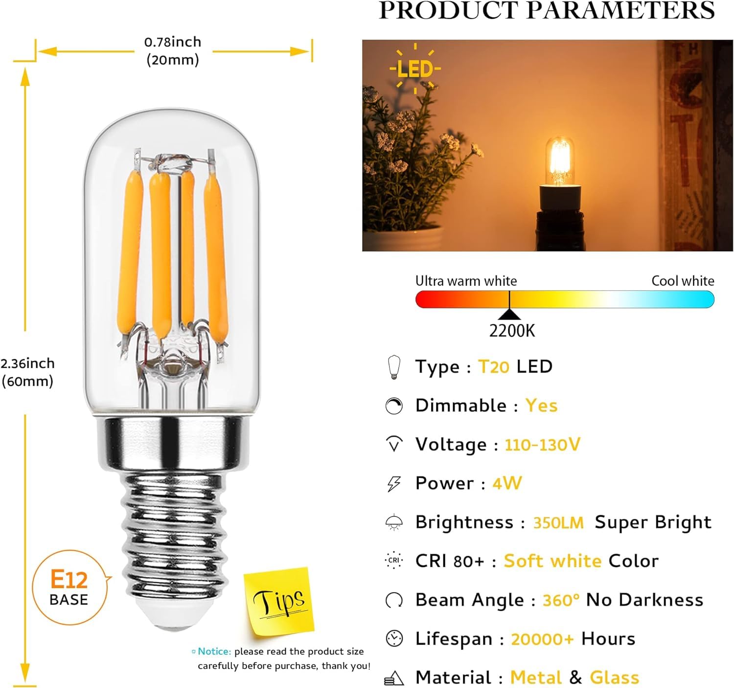 Sphoon Dimmable E12 LED Night Light Bulbs 4W 40W Equivalent, 2200K Warm White, Copper, 2 Pack