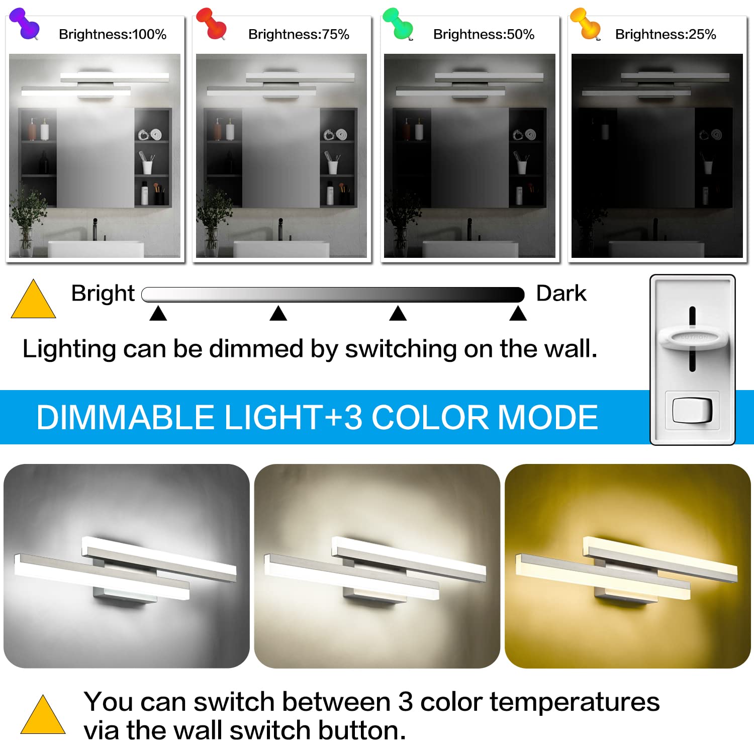 PRESDE 24in Bathroom Vanity Light - Dimmable LED, 3 Color Temperatures, Brushed Nickel, Modern Wall Fixtures