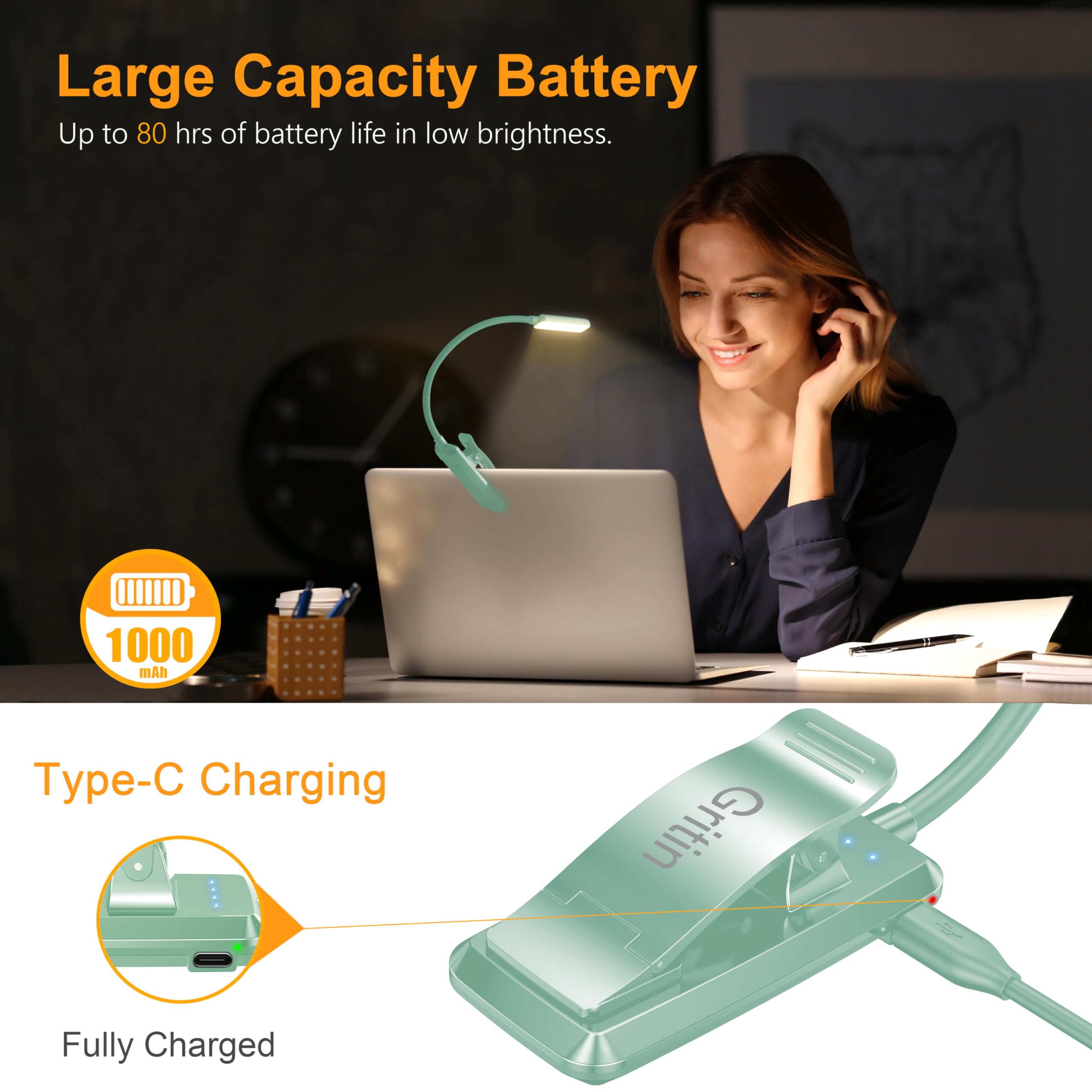 Gritin 9 LED Rechargeable Book Light - Eye Caring, 3 Color Temperatures, Stepless Dimming, Small, Clip On, Cyan, Model G1330