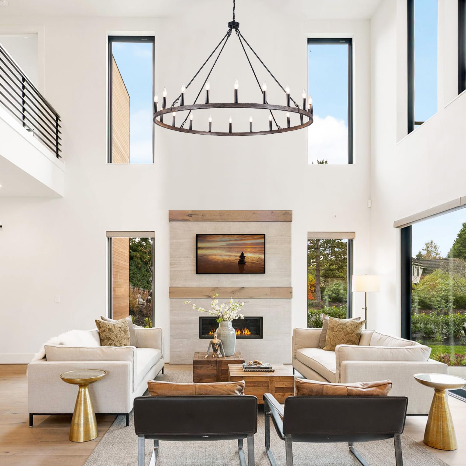 Zjvaive Wagon Wheel Chandelier 20-Light 48'' Round Rustic Farmhouse Chandelier Light Fixture For High Ceiling Foyer Hallway Livi