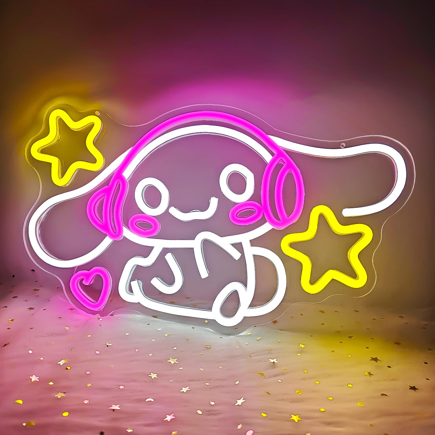 OvoNinn Anime Neon Sign - LED Wall Decor for Bedroom - 9inx15.7in Multicolor Acrylic - Model MusicBigEarDog
