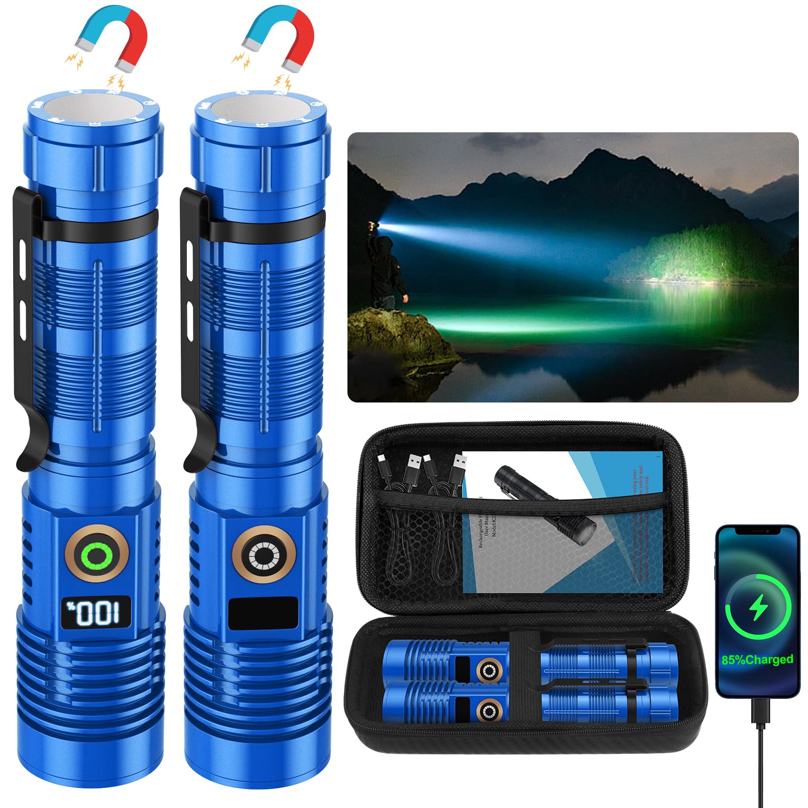 Spriak Rechargeable Flashlight - Super Bright, Waterproof, Dimmable, 2 Pack, Aluminum, K2301-Digital, Blue