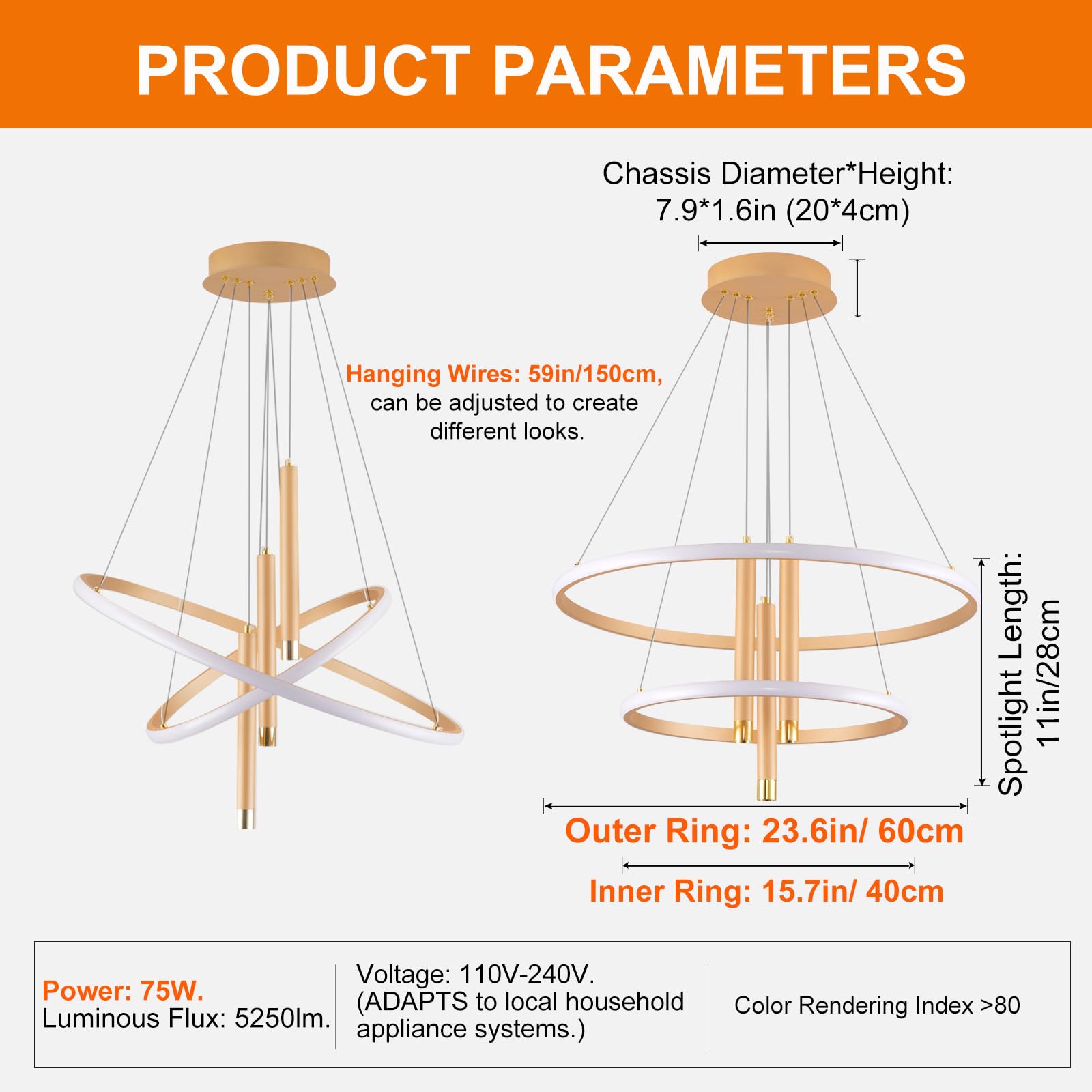 ORANOOR LED Gold Dimmable Chandelier, 24in, Aluminum, Model OR-7703G, 5250lm, 2 Ring Design for Dining Room and Living Room