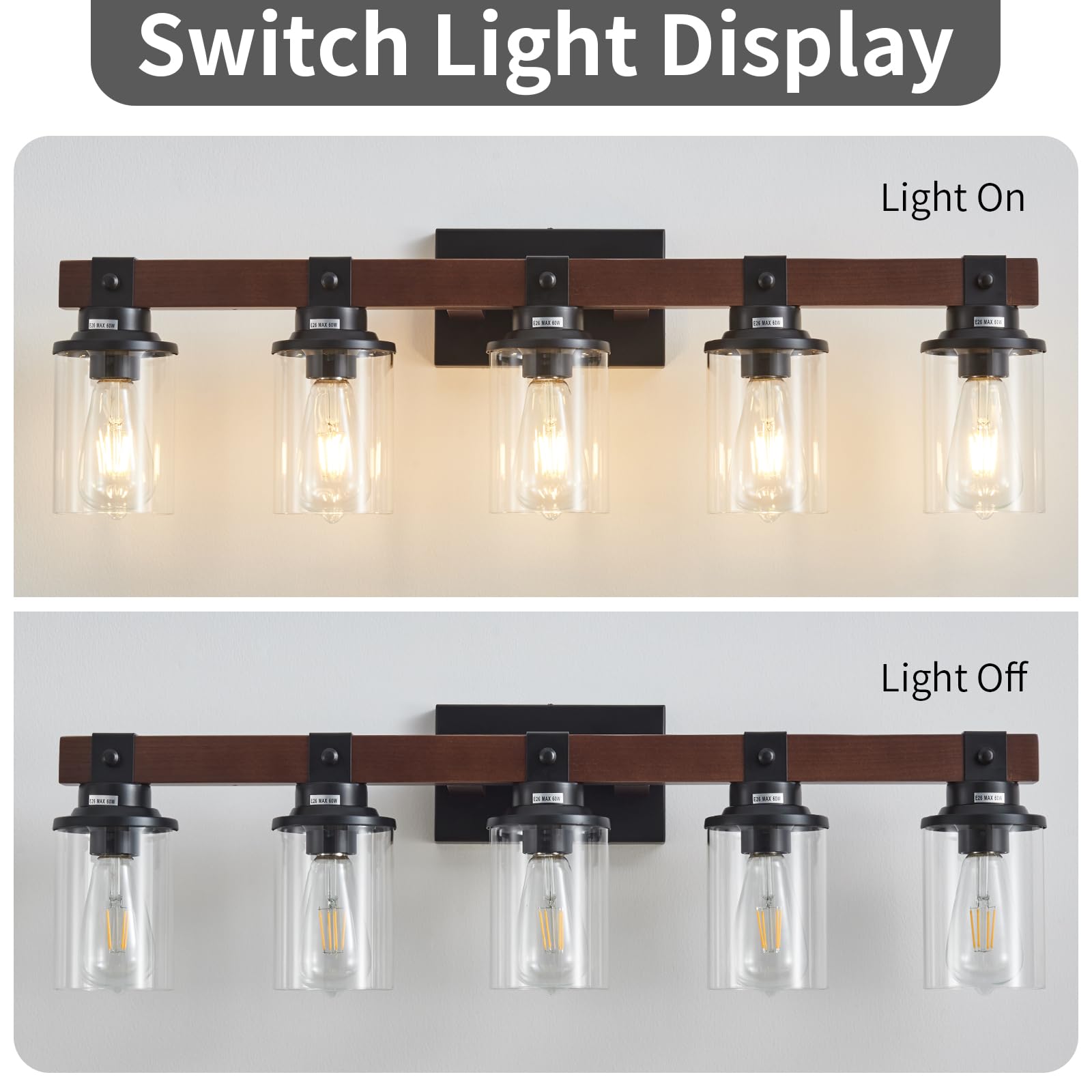 Aixialin 5 Bathroom Vanity Lights, Farmhouse Wooden Bathroom Light Fixture Over Mirror With Clear Glass, Wood Vanity Light For B