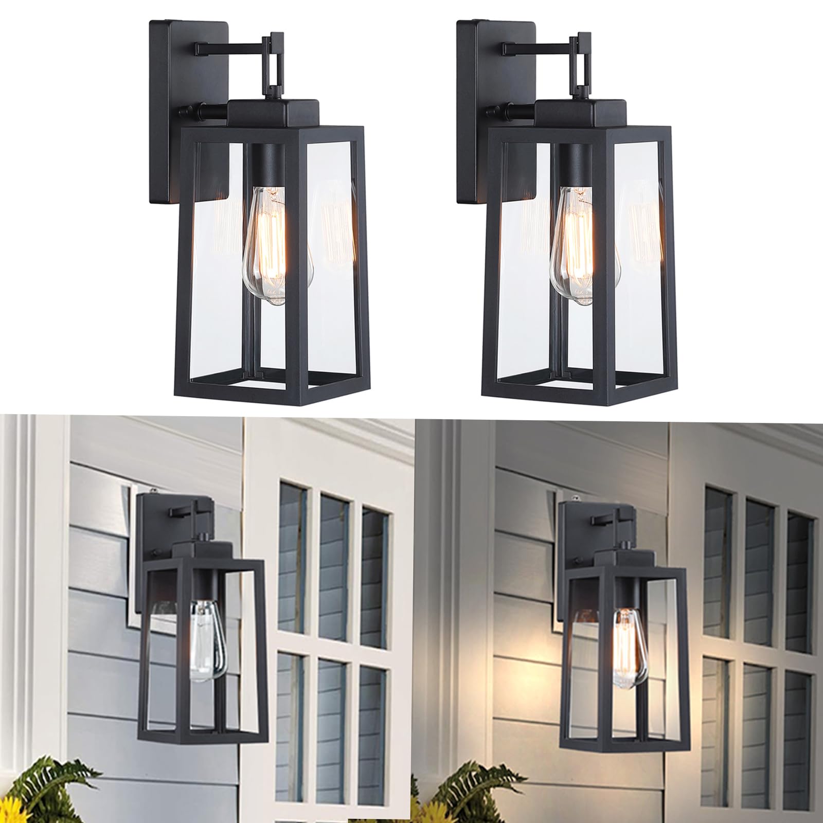 Faymart 2 Pack Outdoor Wall Lights, Waterproof Black Sconce With Glass Shade, E26 Socket