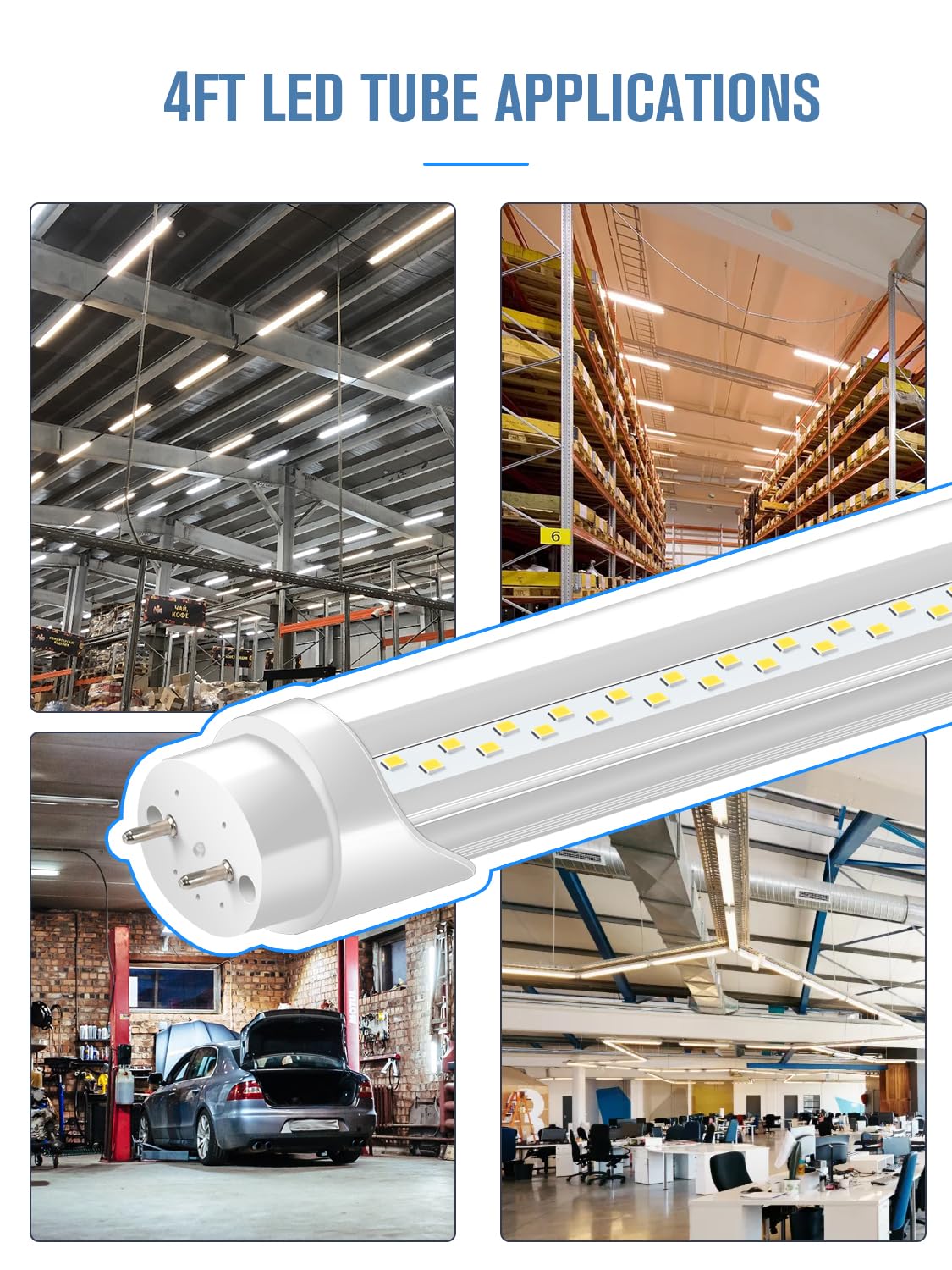 ELEKICO 20-Pack T8 LED Bulbs, 4' 24W 3600LM Daylight 6500K, Dual-End Powered, G13 Base, Aluminum, White