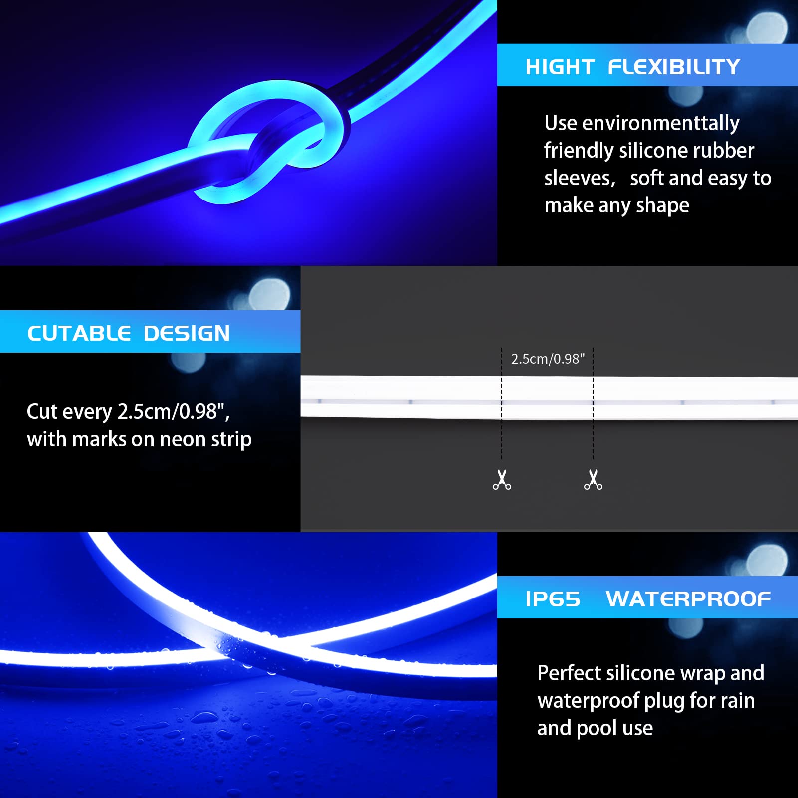 Owofydr Led Neon Lights Flexible Blue 16.4Ft/5M 12V Dc Waterproof Flexible Led Neon Light For Indoors Outdoors Decorm [ No Power