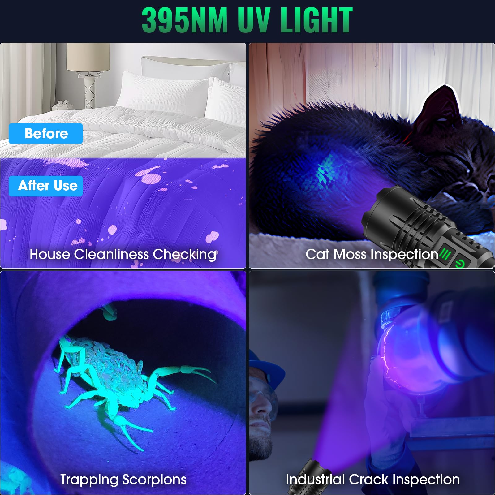 AdamStar UV & High Lumens Rechargeable Flashlight - 2-in-1 Tactical LED, 6 Modes, Waterproof, Zoomable - 2 Pack, Aluminum