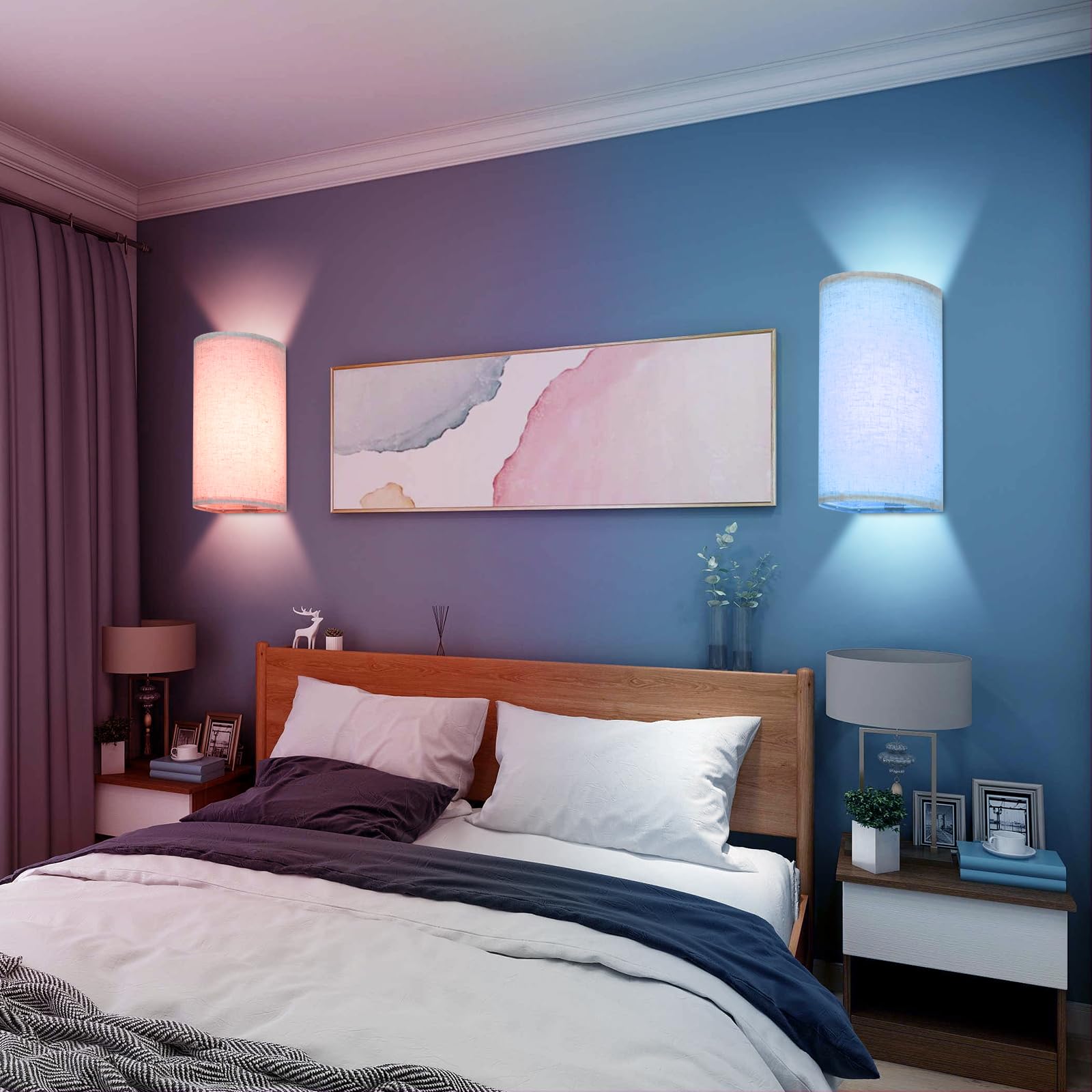 Shineled Wall Lamp Set of 2, LED Rechargeable Fabric Sconces, 16 RGB Colors, Dimmable, 13.77 Inch, Flaxen