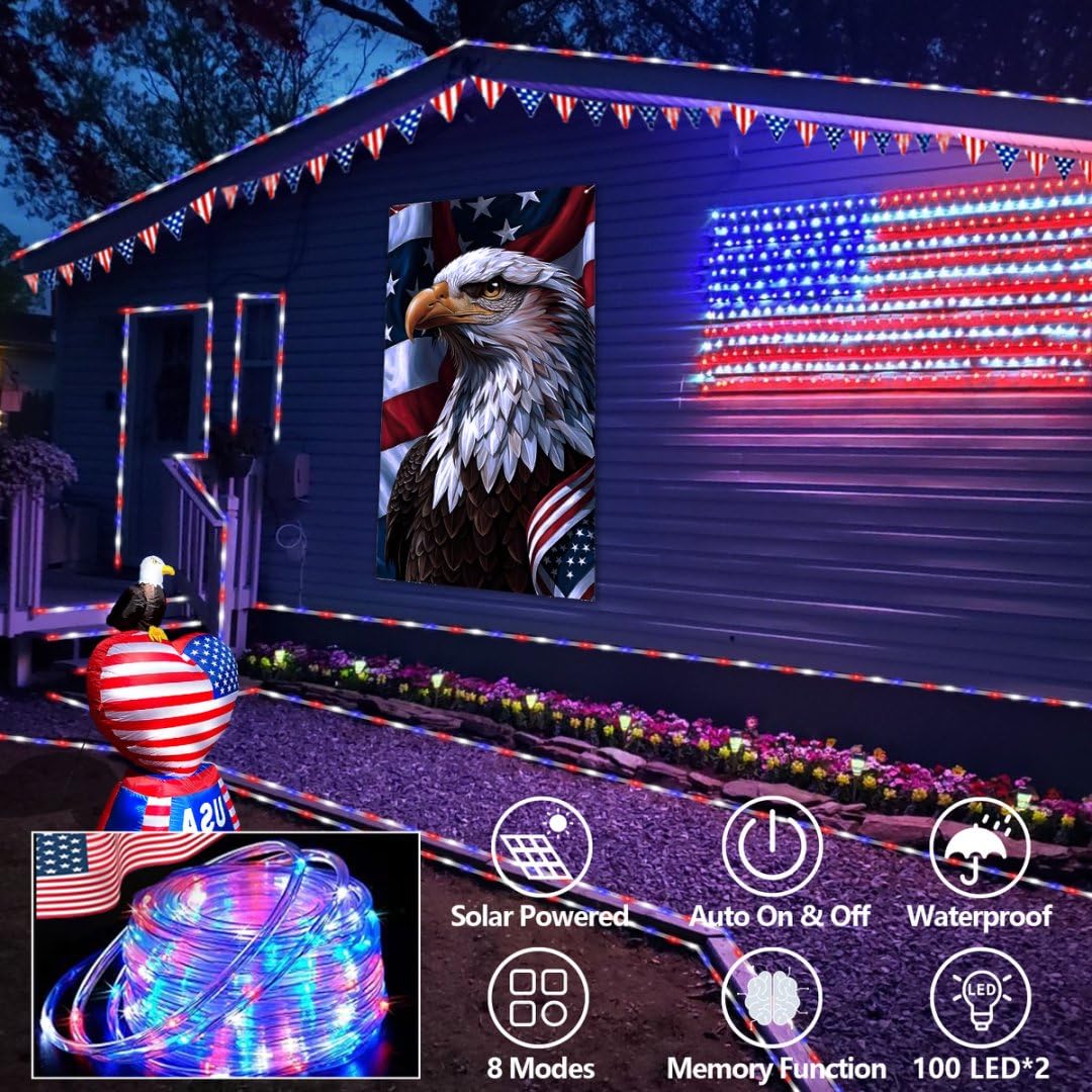 QITONG Solar Rope Lights, 2 Pack, 100 LED, 33ft Each, Red White Blue, 8 Modes, PVC Copper, Model 100-S-RL-RWB