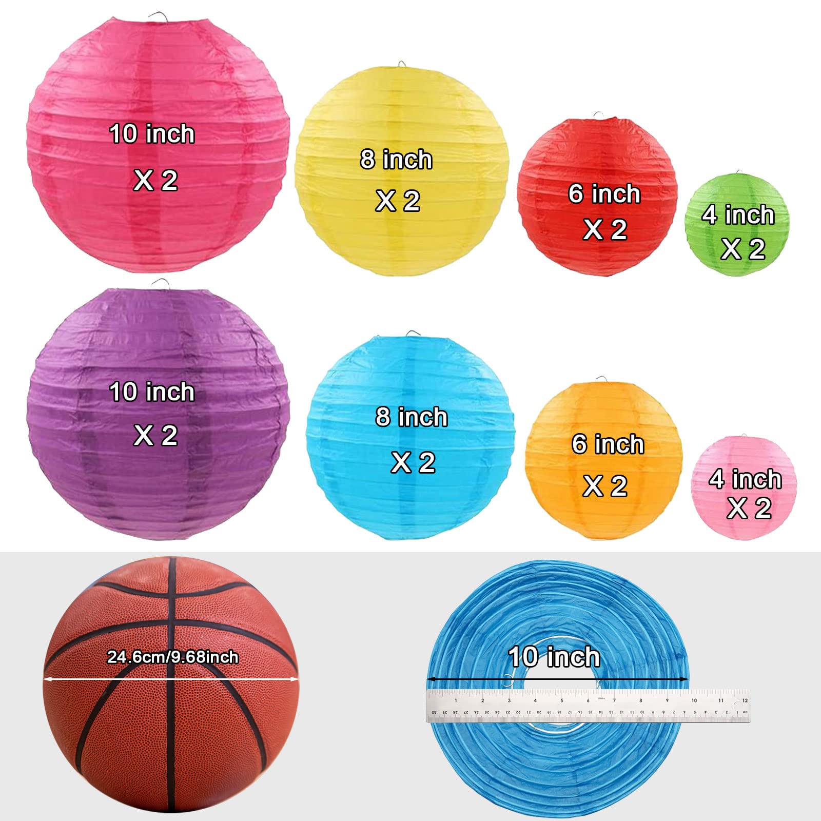 Lurico 16 Pcs Multicolor Paper Lanterns - 4”, 6”, 8”, 10” Hanging Decorations For
