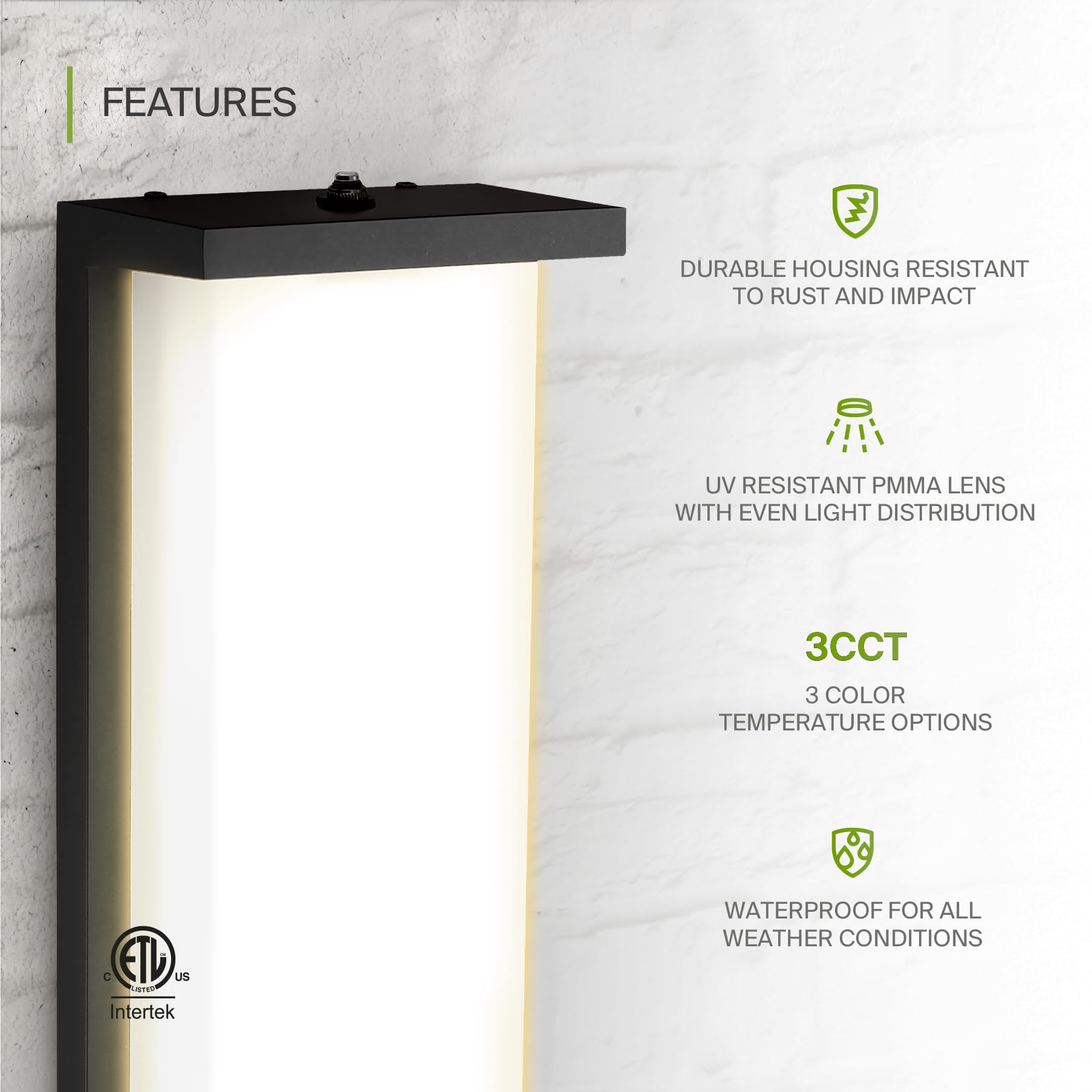 ASD LED Wall Light Fixture, 20W 1900LM, 3000K-5000K, 14 Inch, Black, Photocell, Waterproof, ETL Listed, Model