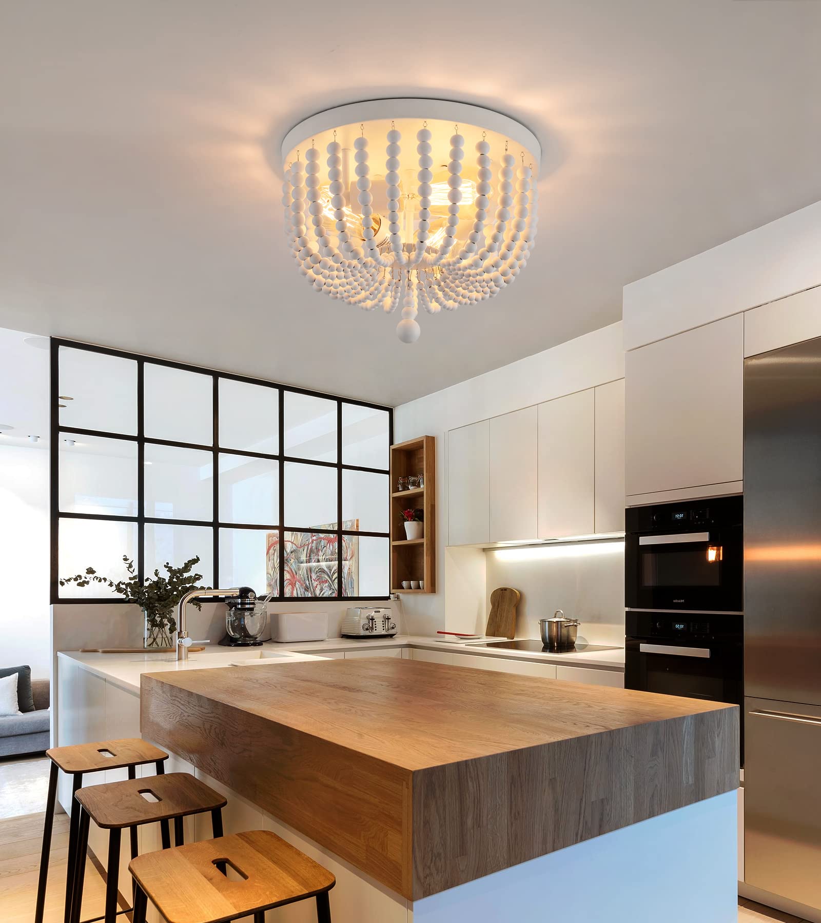 Q&S White Boho Beaded Chandelier Light Fixture, 3-Lights, Metal and Wood Bead, Flush Mount for Bedroom, Kitchen, Dining Room