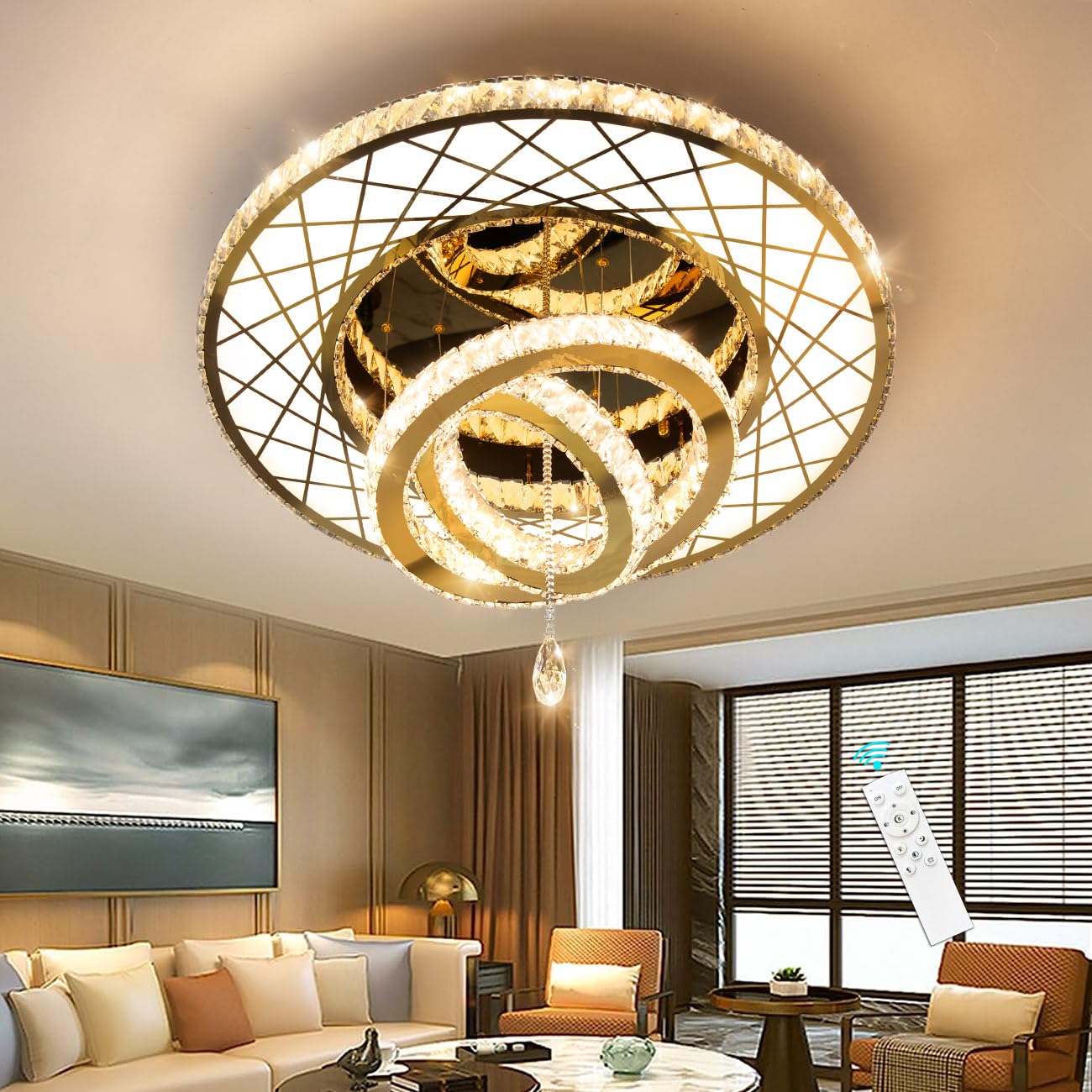 HAIXIANG LED Modern Chandeliers - Dining Room Crystal Ceiling Mounted Lights - Bedroom Remote Dimmable Lights - 2700K & 6000K
