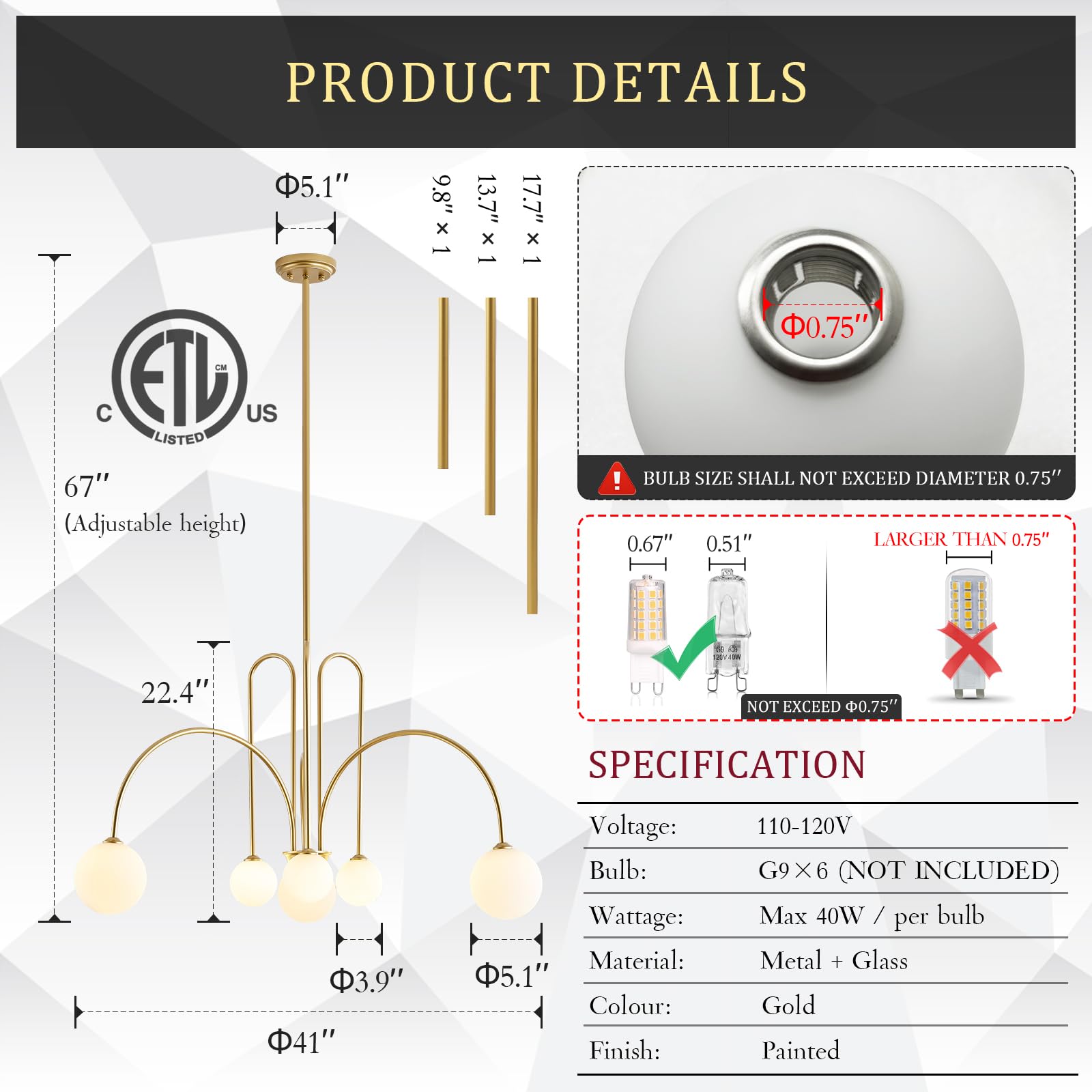 Catiner Gold Sputnik Chandelier,6 Lights Large Modern Chandelier L40”Mid Century Long Ceiling Pendant Light Fixtures For Dining Room With Milk Glass Globe Shades For High Ceiling Foyer Living Room