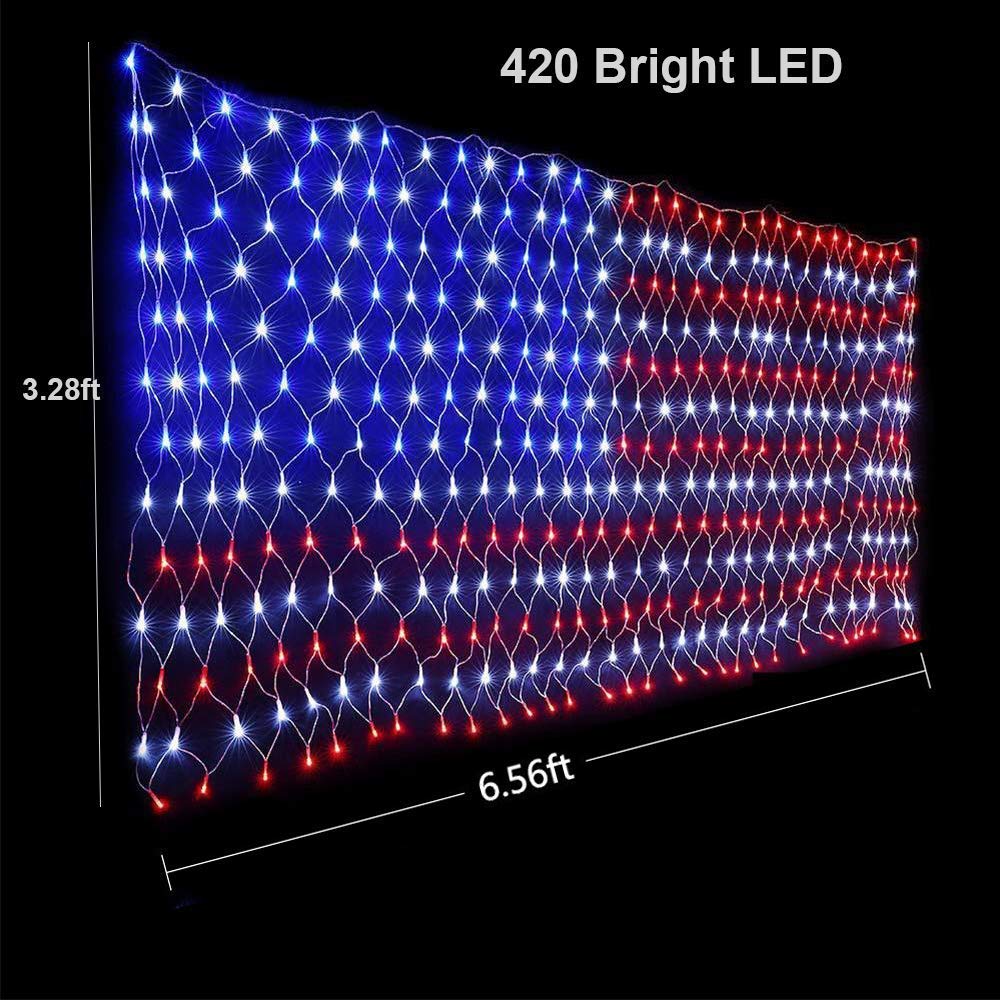 FUNIAO 420 LED American Flag Net Lights, Waterproof Patriotic Decor for 4th of July, Memorial Day, Red, White, Blue, Model YLS1000WD01