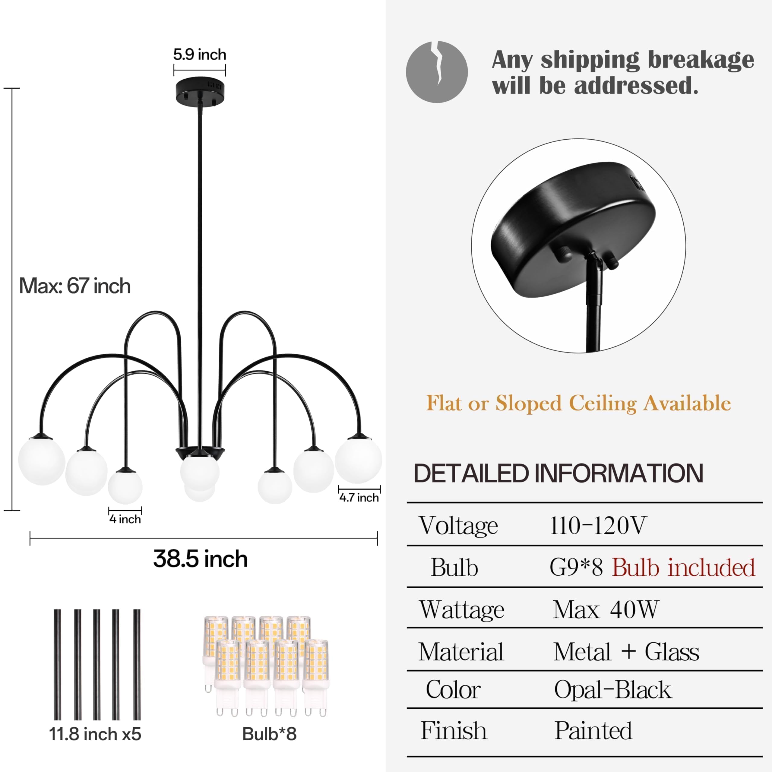 Bagood 8-Light Black Sputnik Chandelier, Mid Century Modern, 38.5” Globe, Opal Black, Metal, Model DGQ-U08-NH