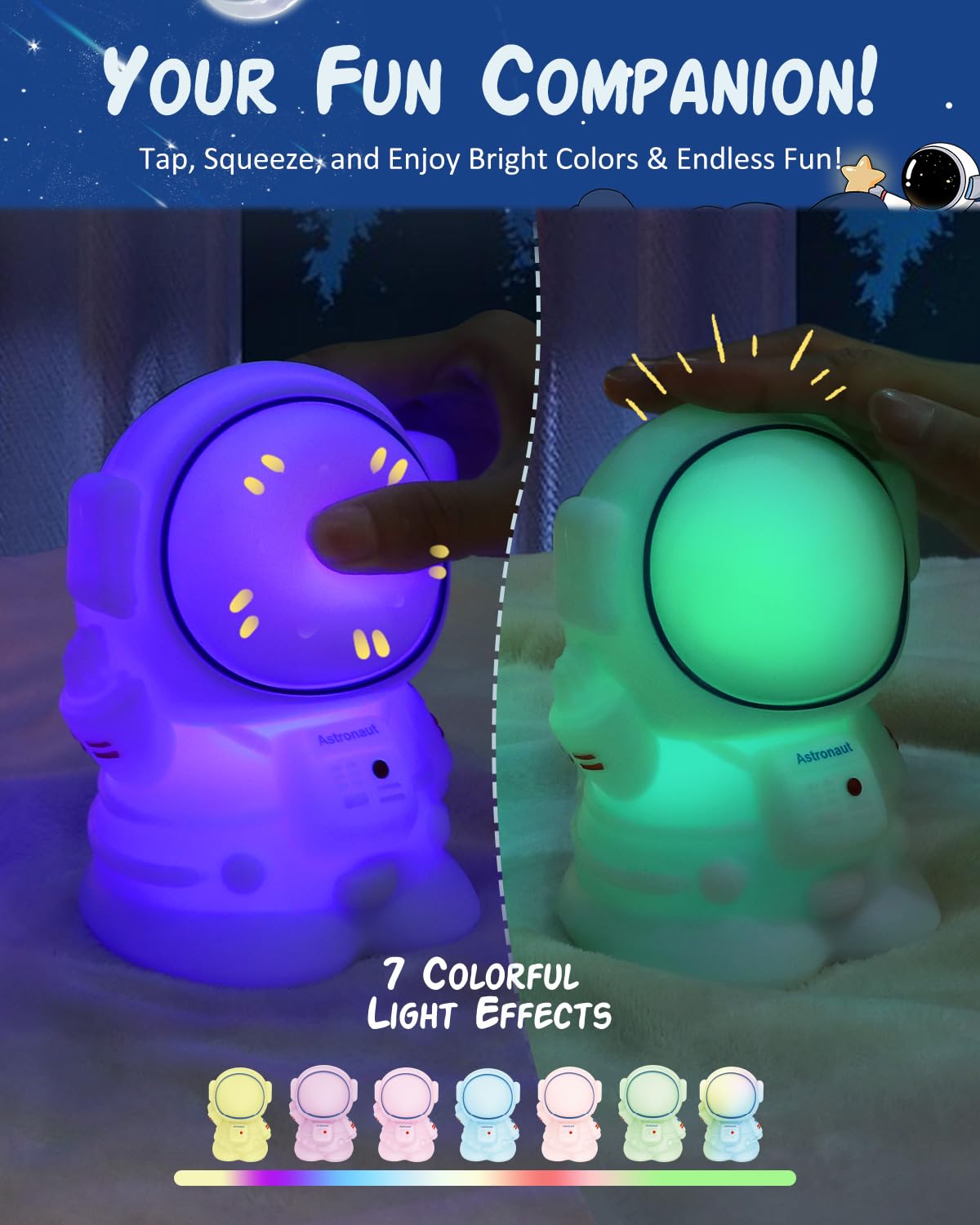 loatme Night Light for Kids, Rechargeable Silicone LED Lamp, Dimmable, 7 Colors, Astronaut Design