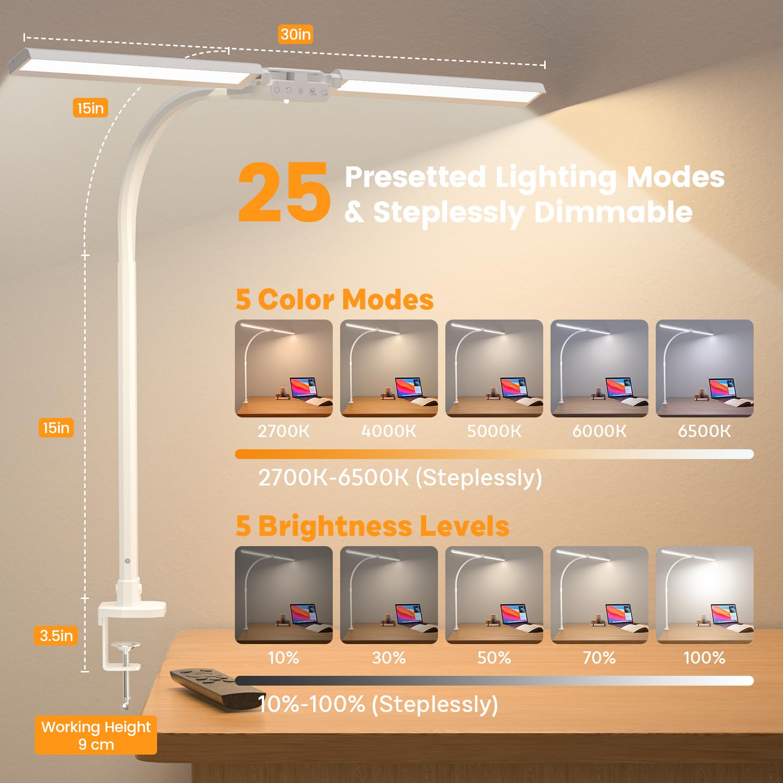 SIBRILLE LED Desk Lamp, 22W Rotatable with Remote, Dimmable Dual Head, Eye-Caring, White, Model HL10