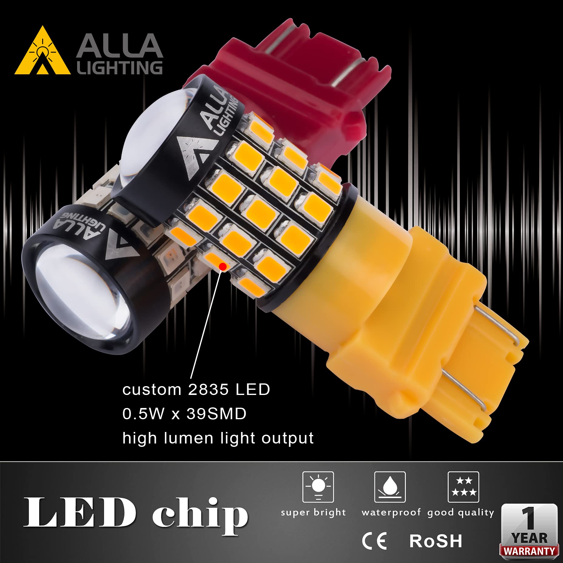 Alla Lighting T25 Wedge LED Bulbs Amber Yellow Turn Signal Lights 3156/3157/3457/4157 Model Alla-3157-2835-39Y