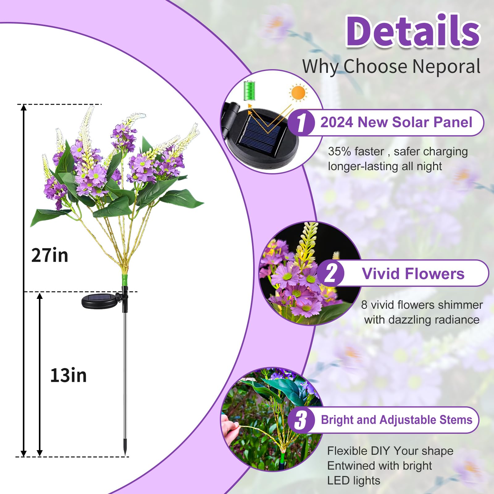 Neporal Solar Flowers Outdoor Waterproof Purple, Lilac Garden Solar Lights Decorative 4Pk 8-Stem, 2 Lighting Modes, Solar Powere