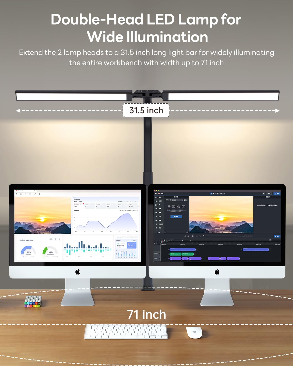 Led Desk Lamp For Home Office, Eye-Caring Desk Light With Clamp, Stepless Dimming 24W Double Head Architect Task Lamp With Remot