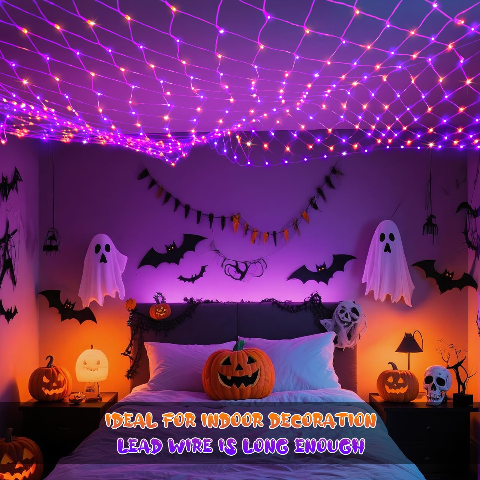 JMEXSUSS Halloween Net Lights, 200 LED, 9.8FT x 6.6FT, Connectable, Orange and Purple, Outdoor Mesh Light for Garden Decor