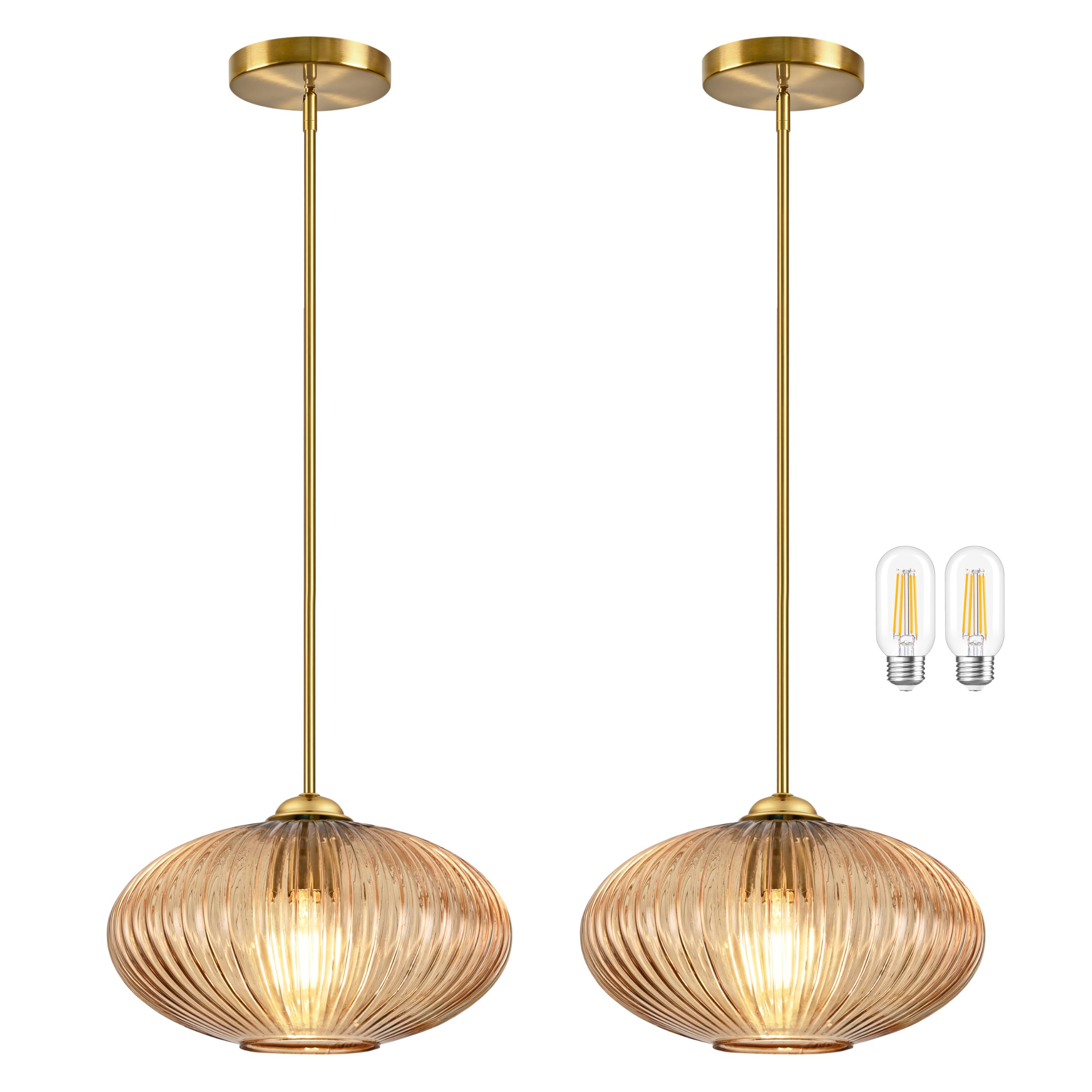 YSHomeStunn 10 Amber Glass Modern Pendant Light Kitchen Island 2 Pack Brushed Gold Mid Century Modern Pendant Lighting with Clea